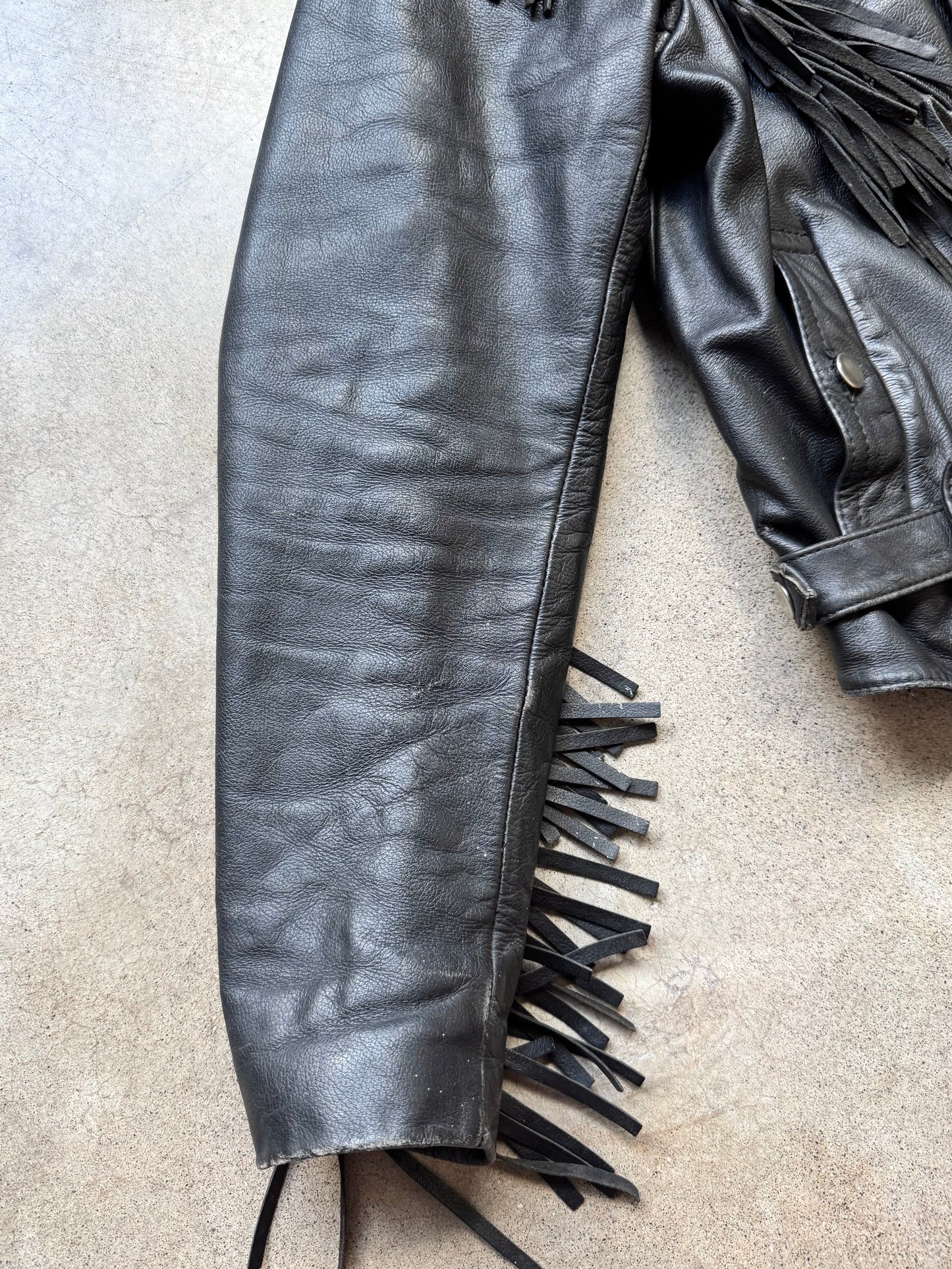Vintage 1980s Open Road Black Leather Western Fringe Biker Jacket | 40