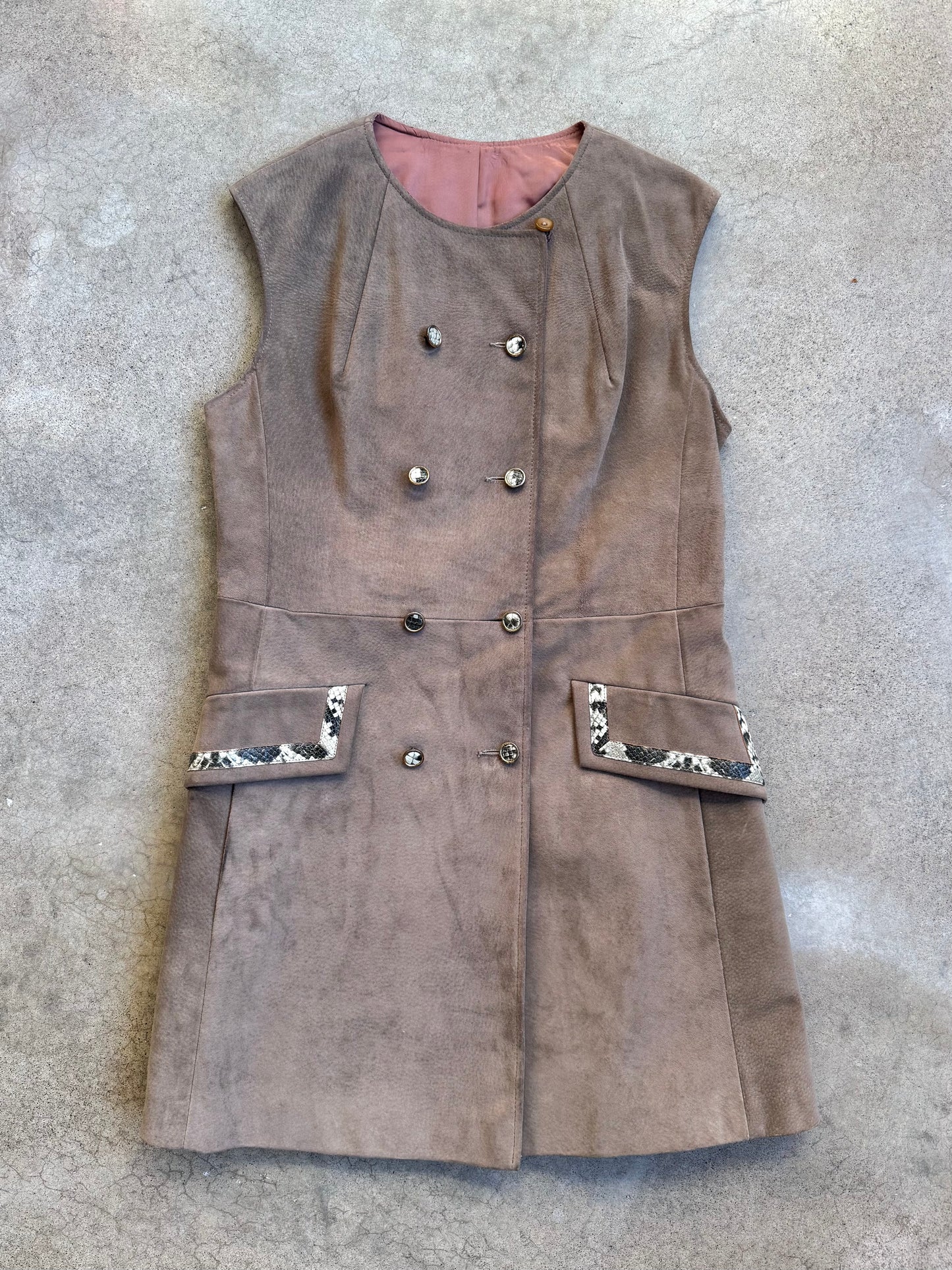 Vintage 1960s Suede Button-Front Mini Dress w/ Faux Snakeskin Trim | S/M