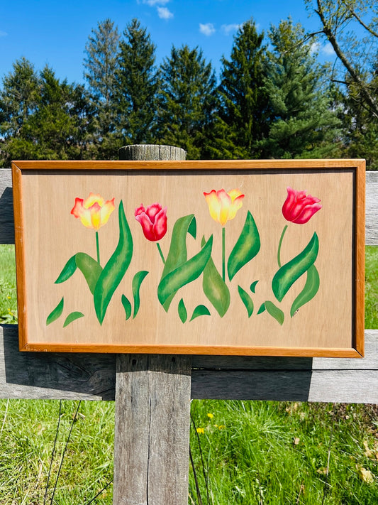 Vintage 1980s Framed "Tulip" Oil on Wood Art