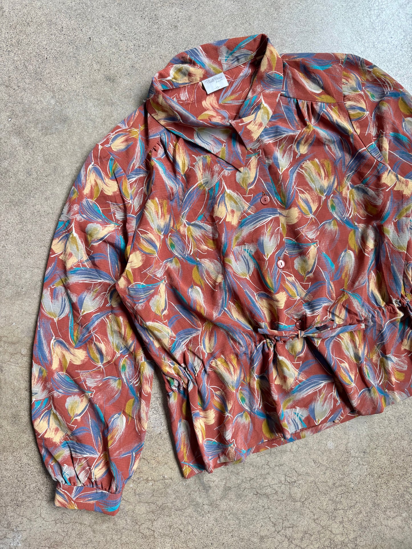 Vintage 1980s Pearl Biso Floral Print Tie-Waist Blouse | Medium