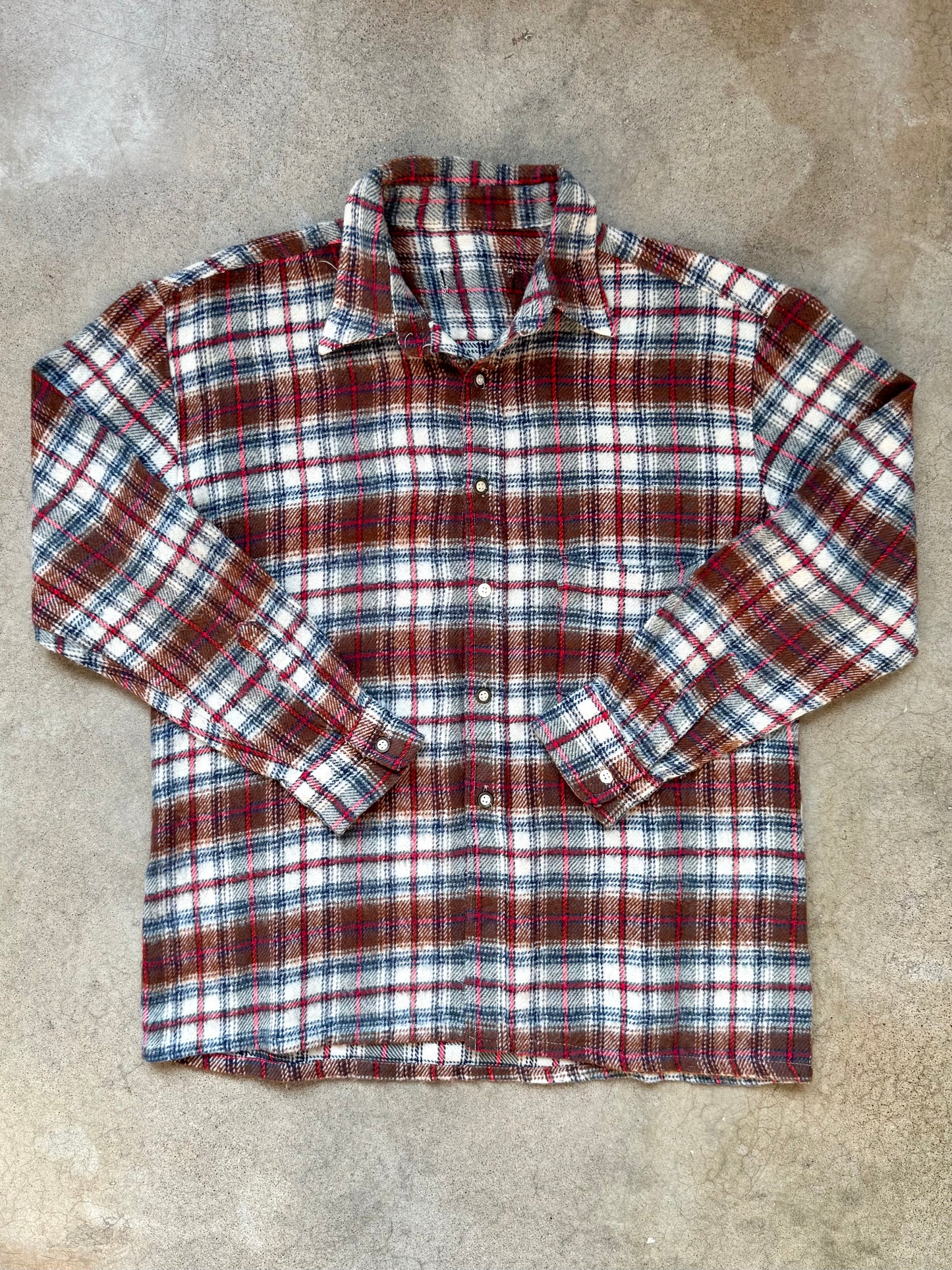 Vintage 1960s Brown & Blue Plaid Wool Flannel Shirt | Medium