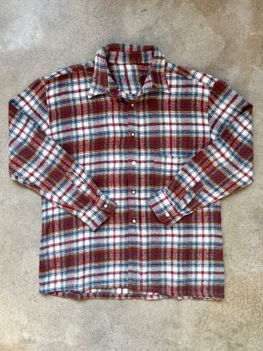 Vintage 1960s Brown & Blue Plaid Wool Flannel Shirt | Medium