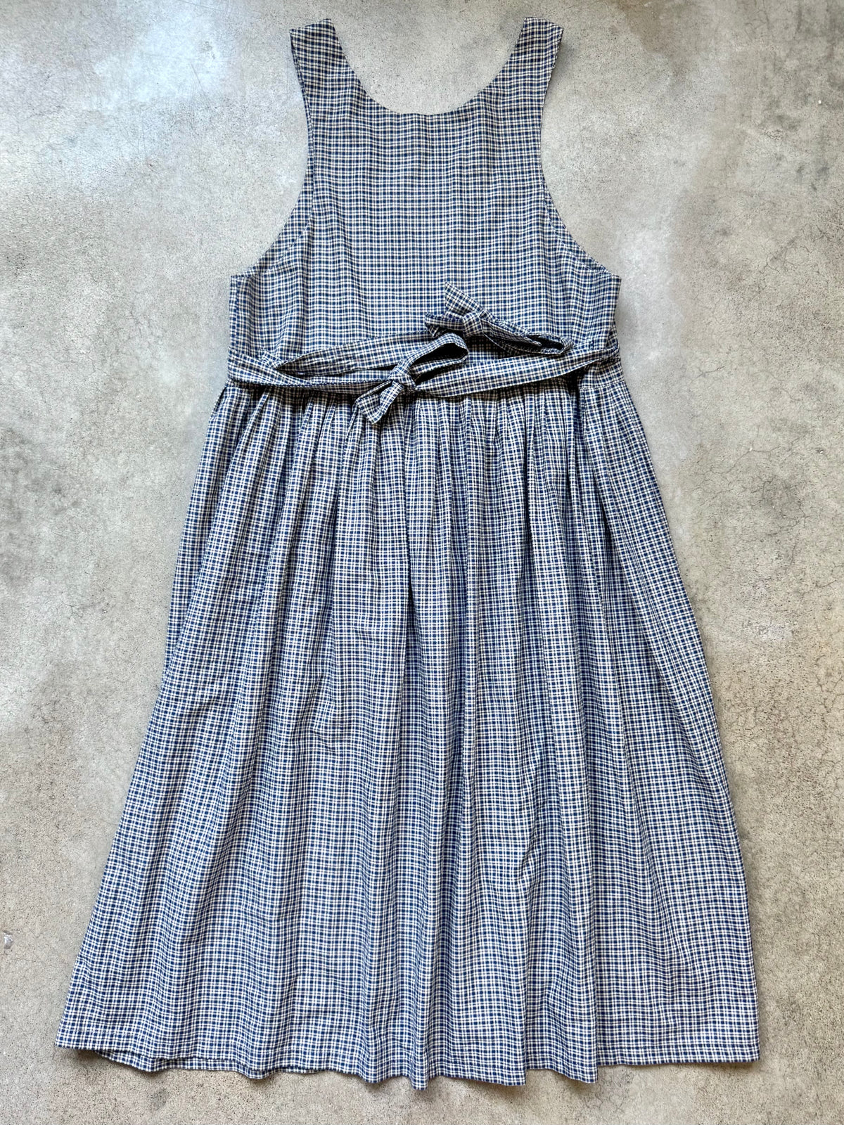 Vintage Handmade Blue Plaid Fruit Appliqué Tie-Back Pinafore Dress | Large