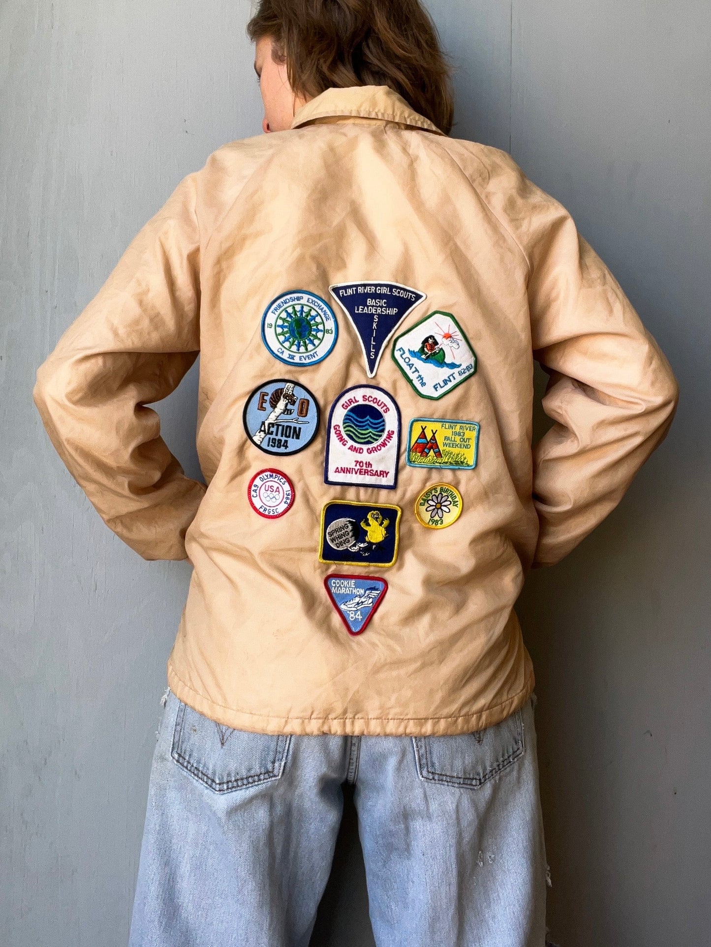Vintage 1980s Flint River Girl Scouts Patched Windbreaker Jacket | Medium