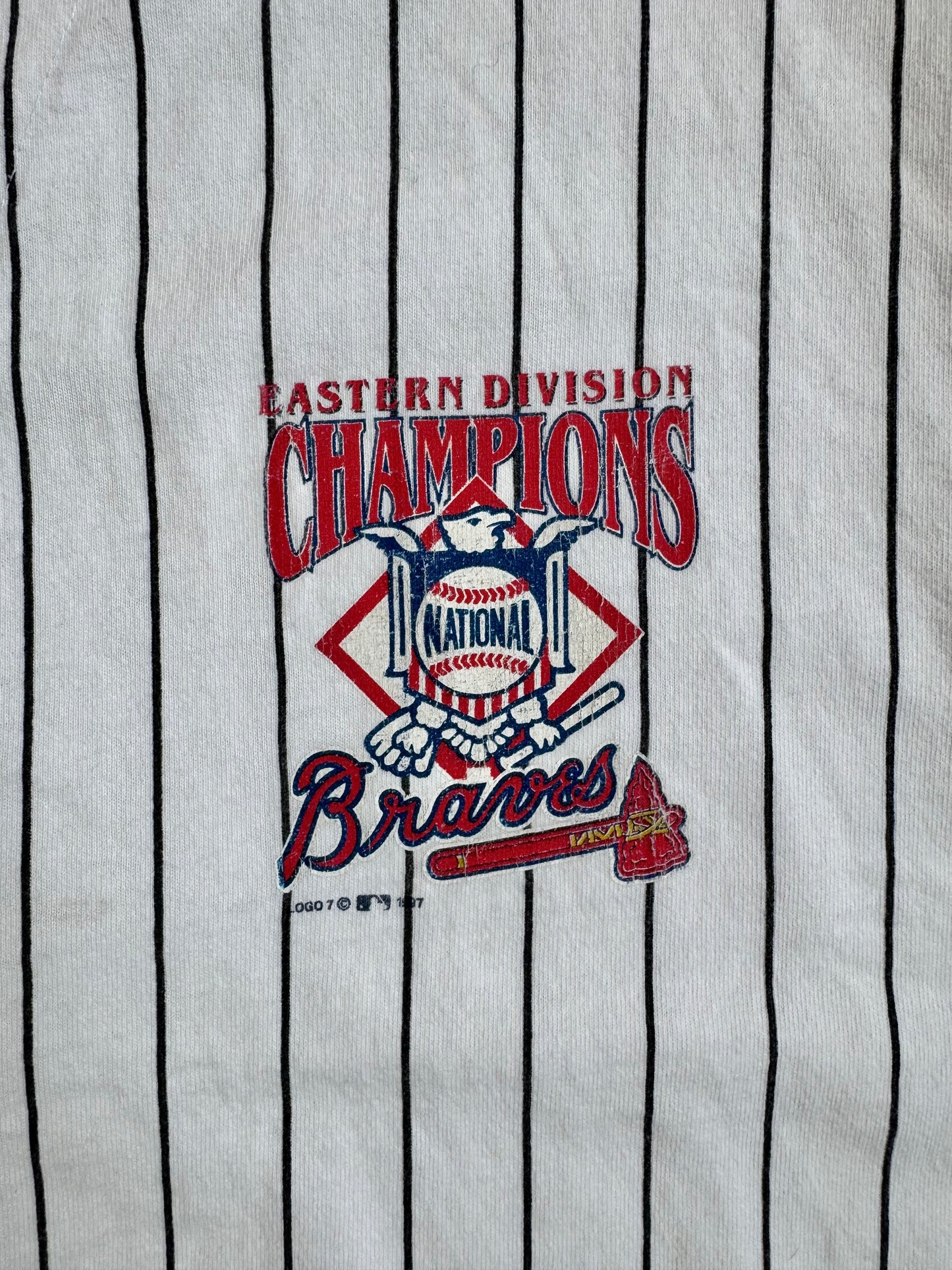 Vintage 1990s Logo 7 Atlanta Braves Pinstripe Cotton Baseball Jersey | XL
