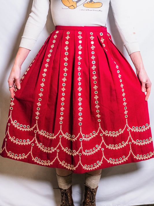 Vintage Burgundy Mirror Sequin Embroidered Pleated Skirt | Waist 26”