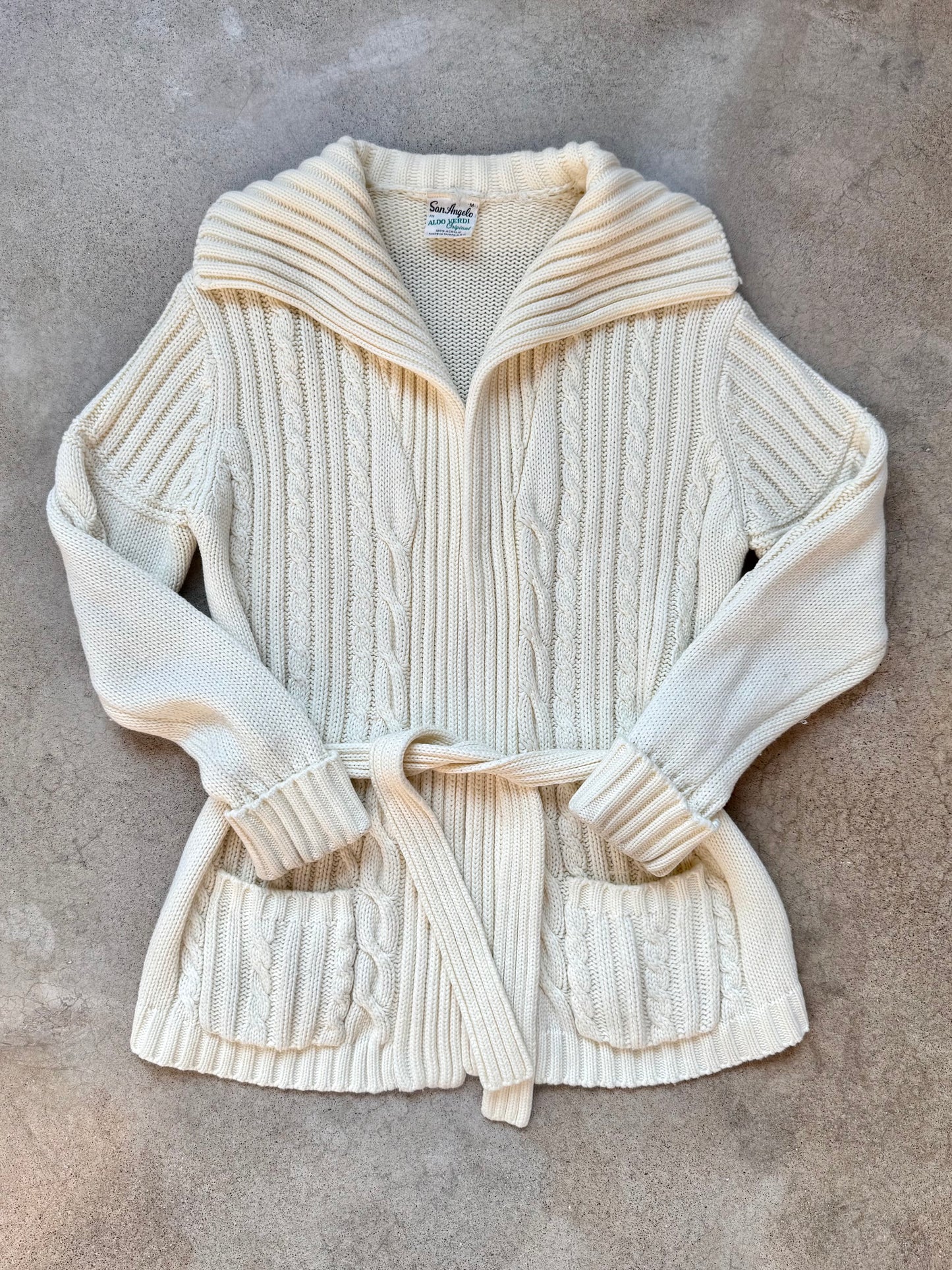 Vintage 1970s San Angelo by Aldo Verdi Cream Cable Knit Tie-Waist Cardigan | Medium