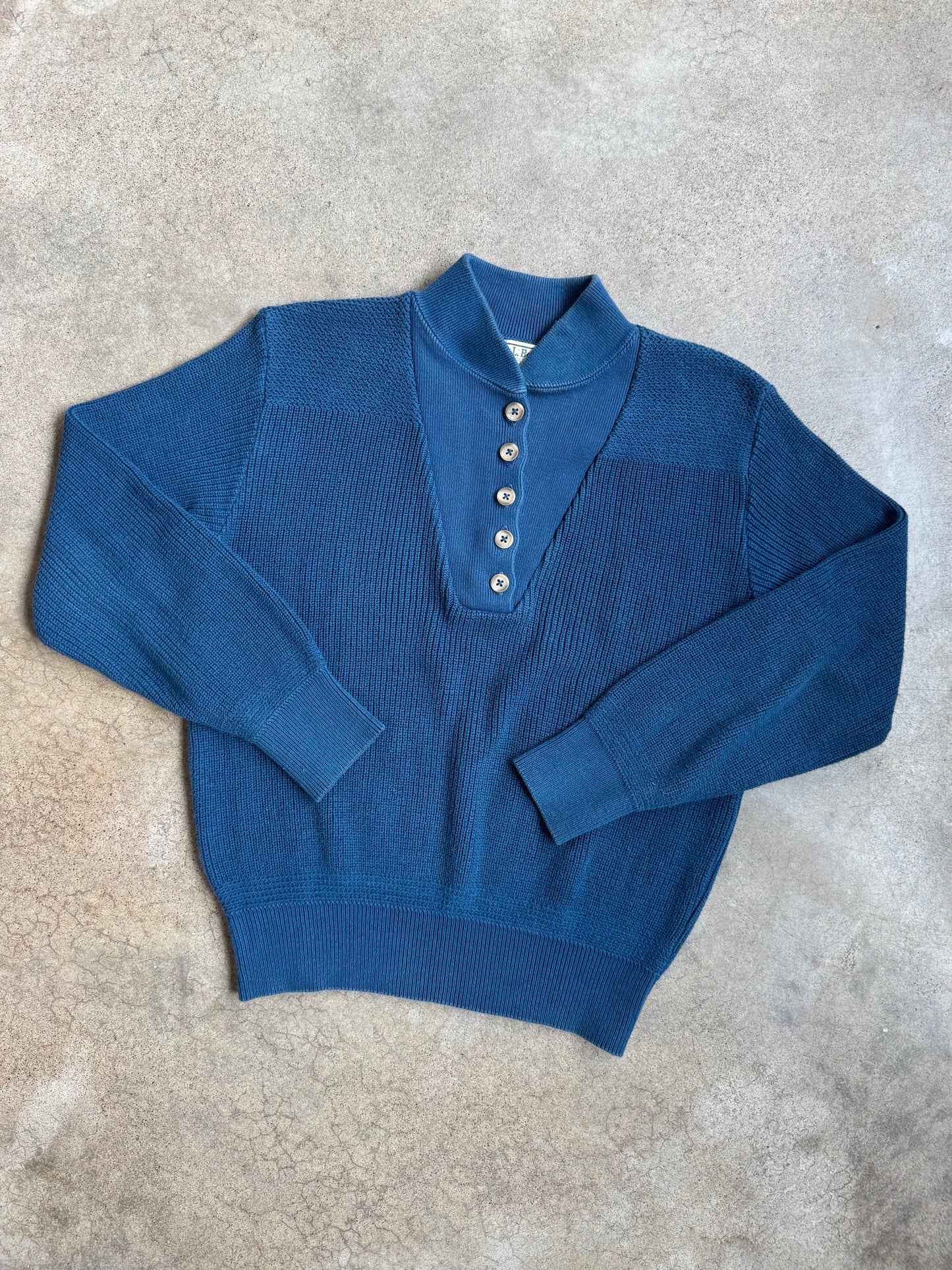 Vintage 1990s L.L Bean Blue Cotton Henley Fisherman Sweater | Small