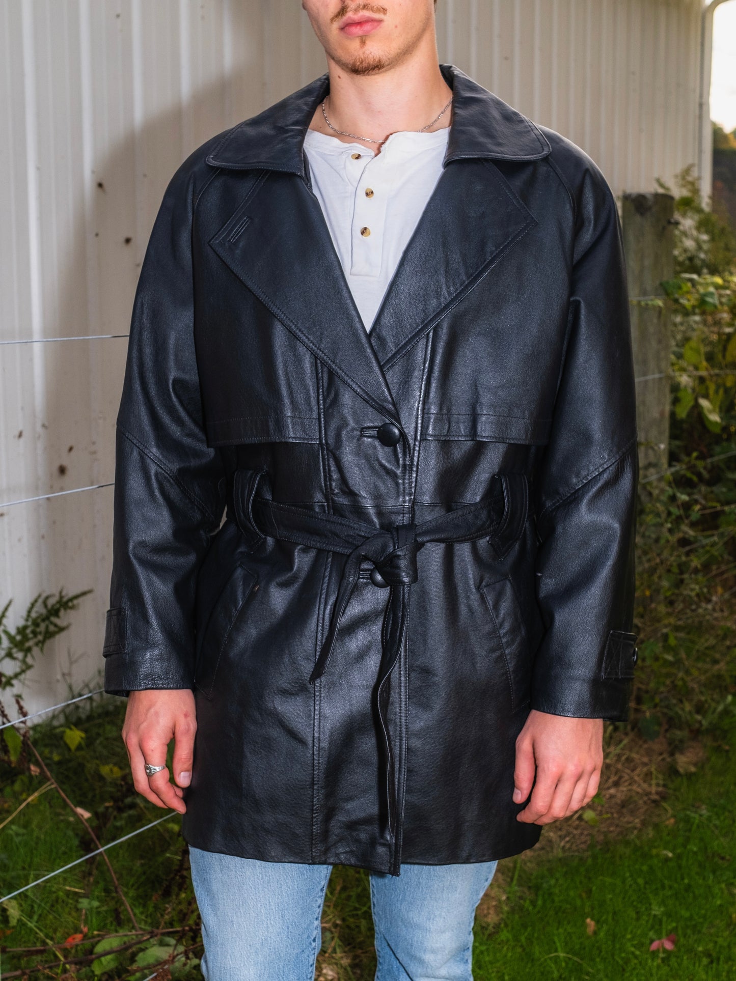 Vintage 1980s Middlebrook Park Black Leather Belted Coat | Large