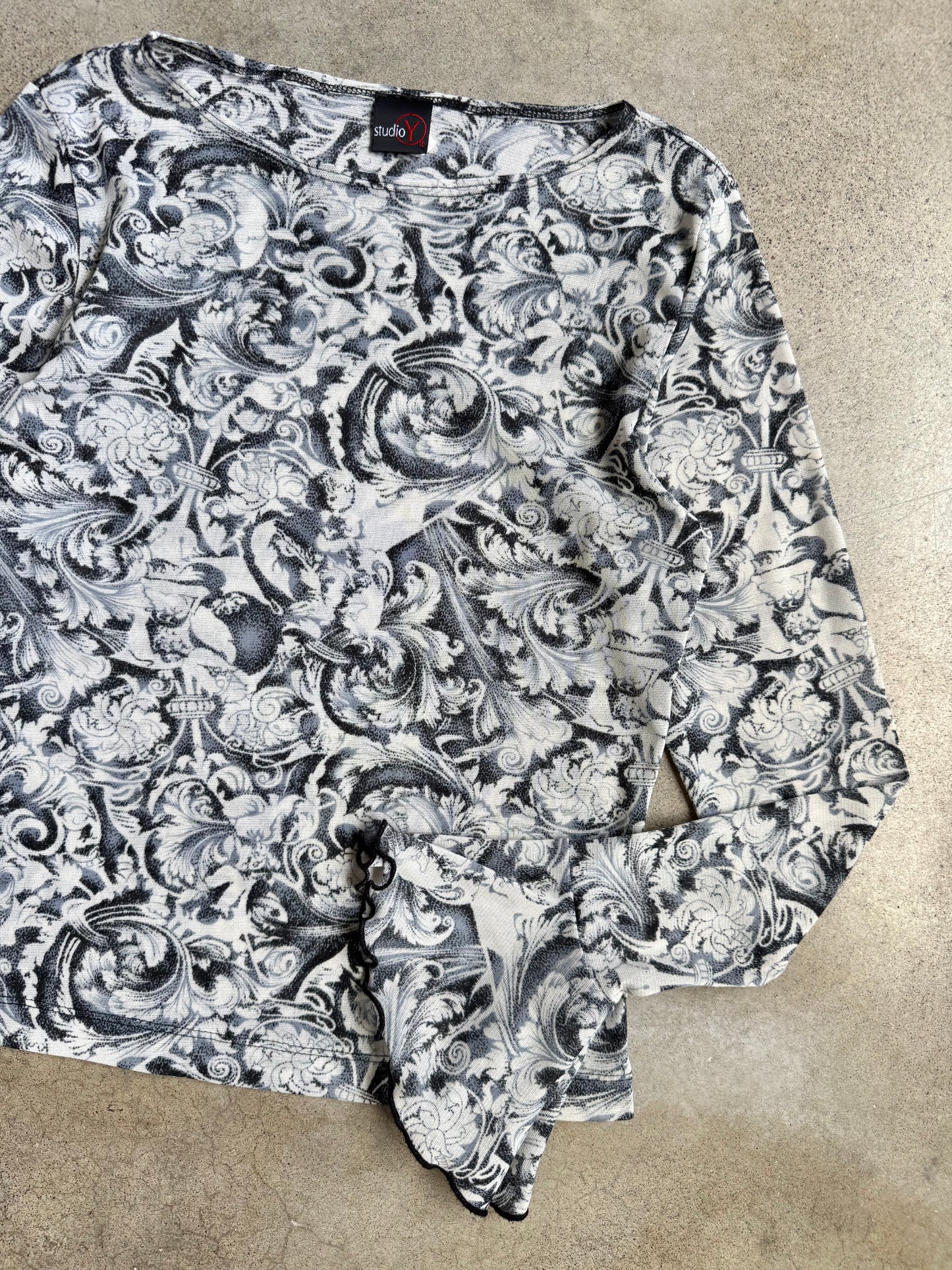 Vintage 1990s Studio Y Grey Baroque Print Ruffle Sleeve Mesh Top | Small