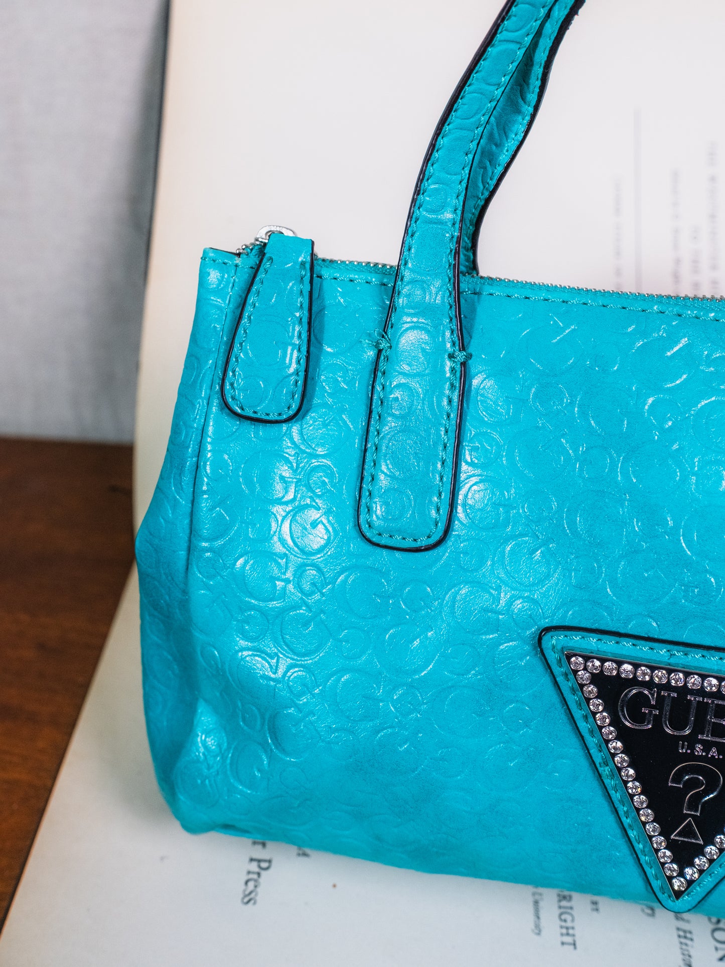 2000s Guess Turquoise Embossed Monogram Leather Top Handle Bag