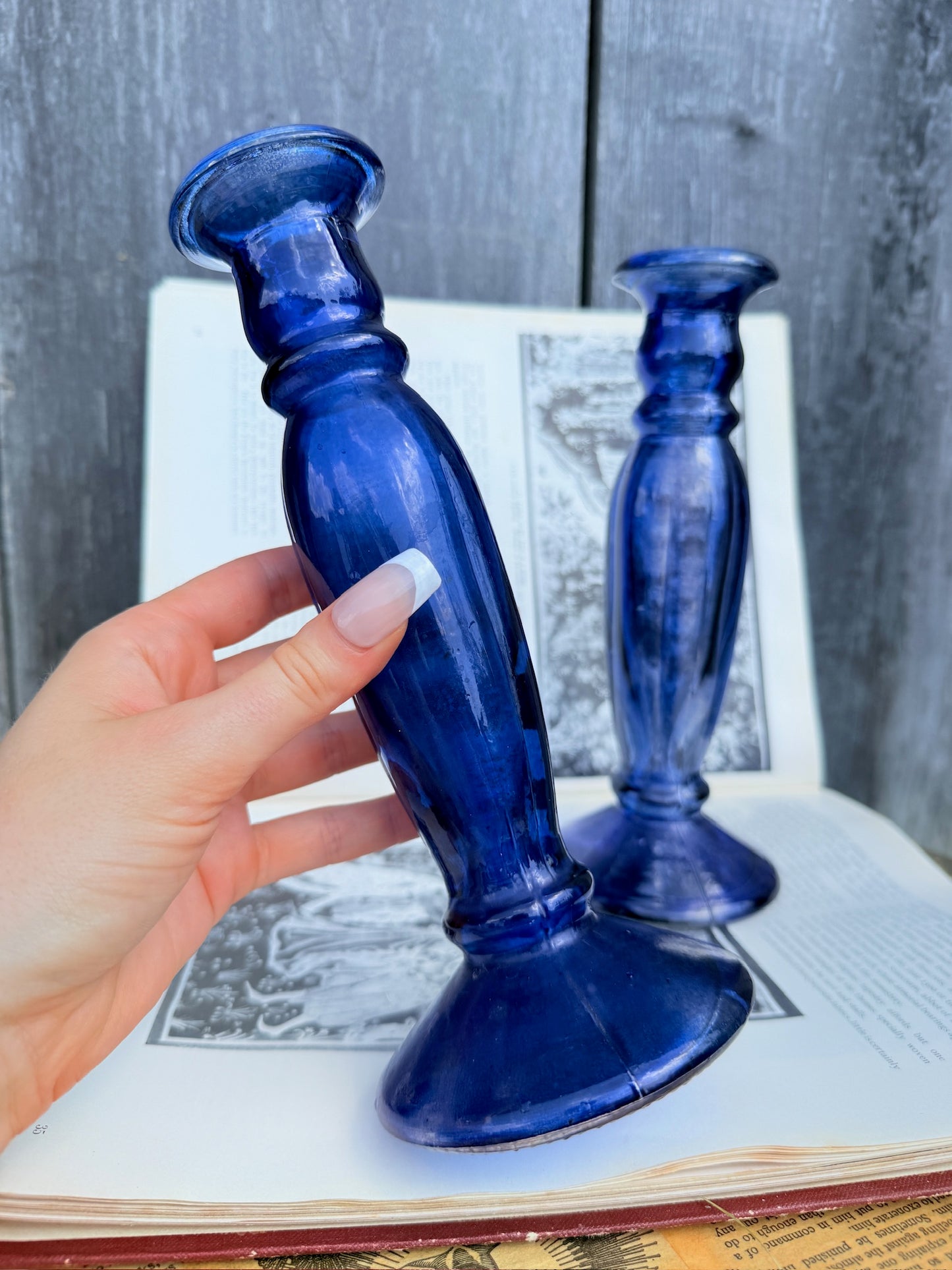 Vintage 1960s Cobalt Blue Blown Glass Candleholders | Set of 2