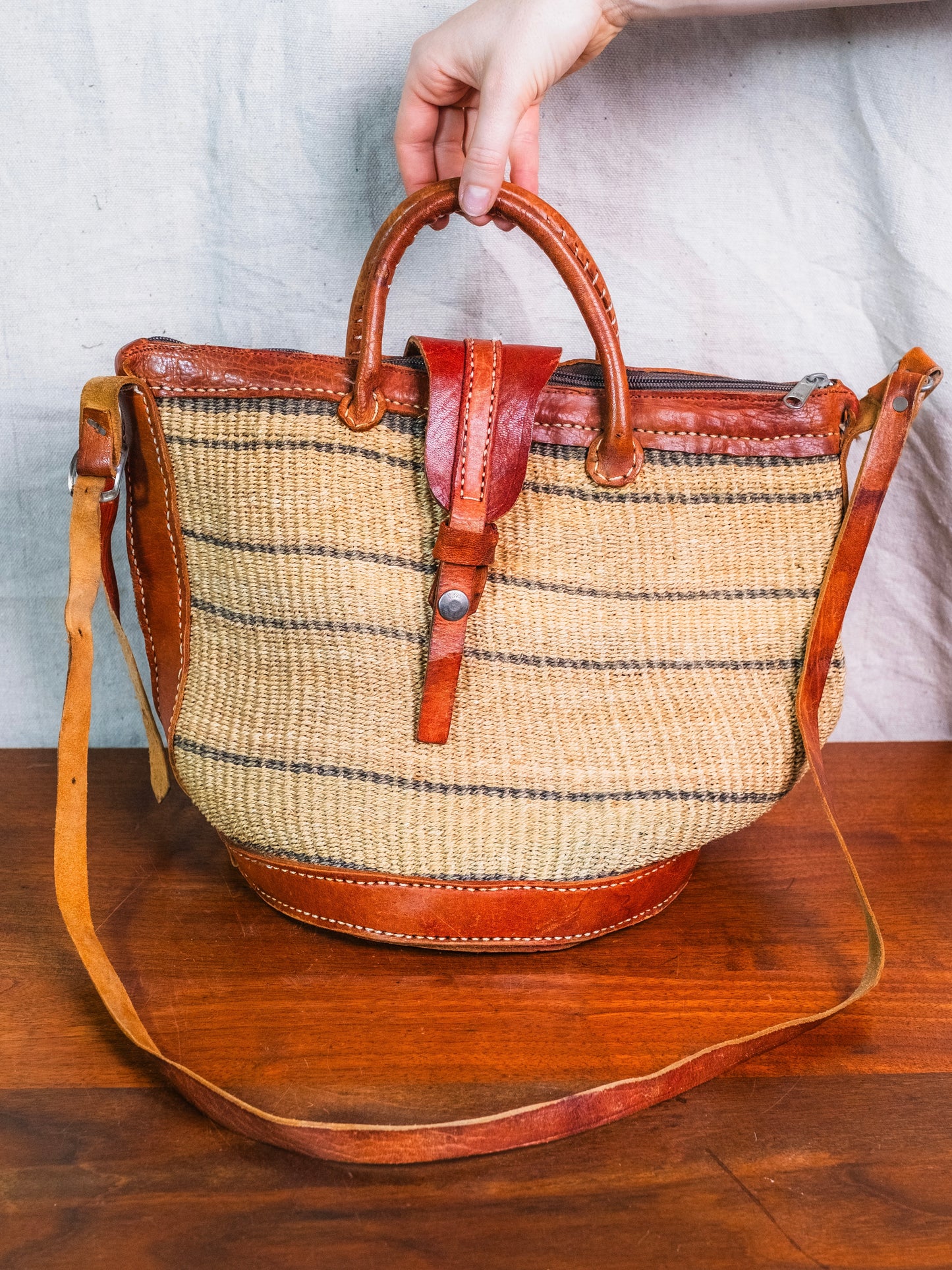 Vintage 1970s/80s Leather & Straw Woven Sisal Crossbody Bag