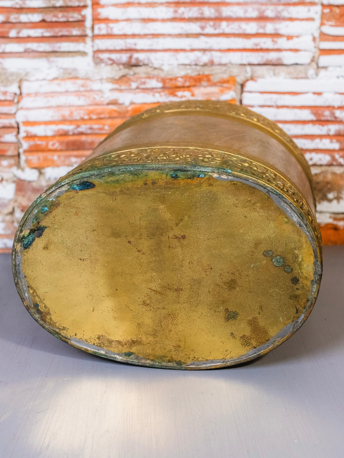 Vintage Embossed Floral Brass Cachepot Planter / Waste Basket
