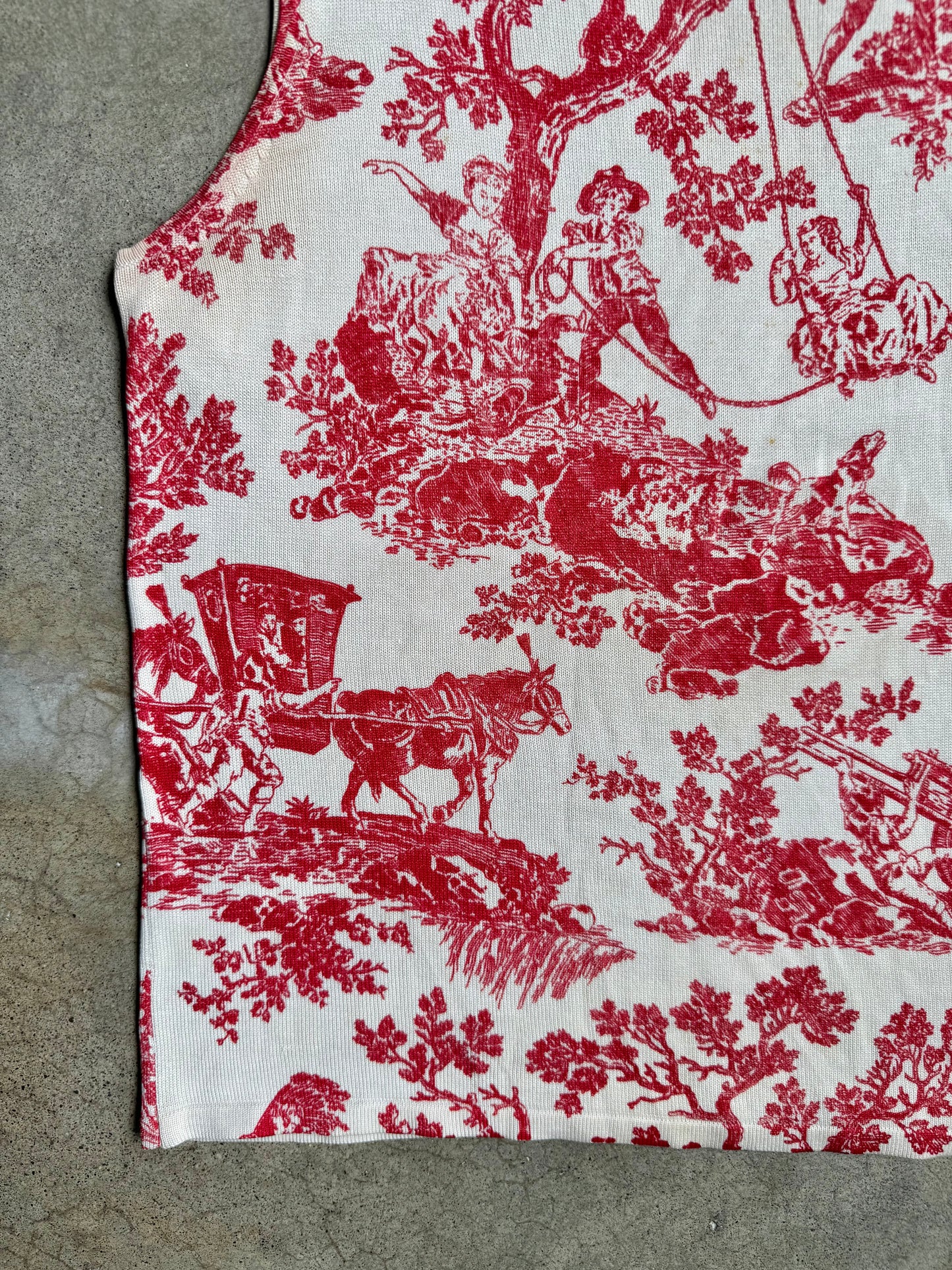 Vintage 1990s August Silk Red & Cream Toile Print 100% Silk Knit Tank Top | Medium