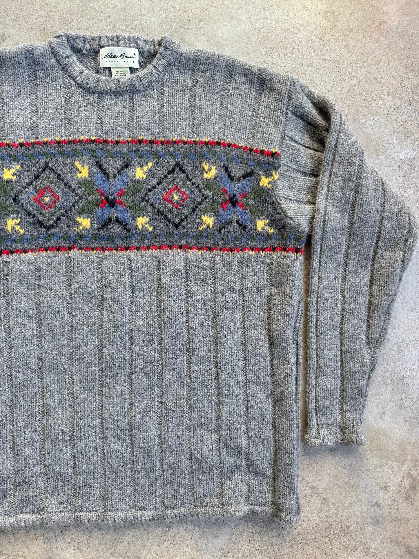 Vintage 1990s Eddie Bauer Grey Nordic Pattern Wool Sweater | Medium