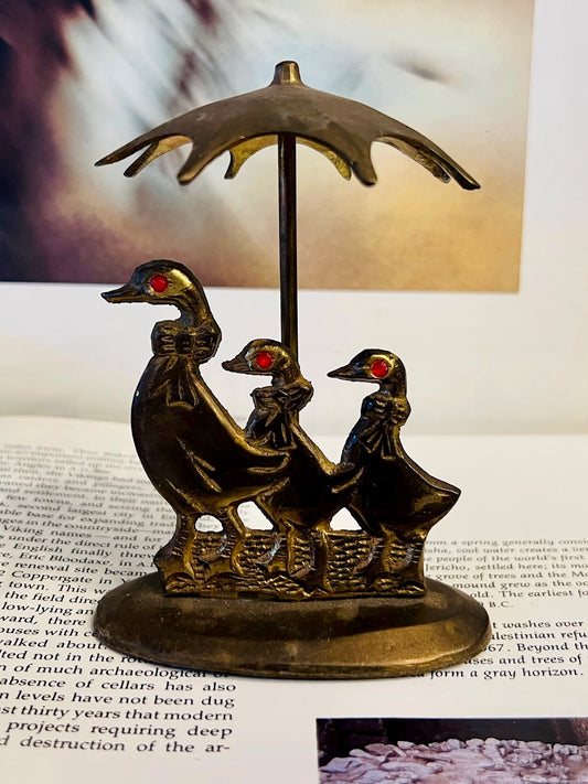 Vintage MCM Brass Ducks Under Umbrella Mini Statue