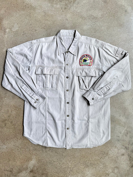 Vintage 1990s "Weed-Wader" Bassmaster Fishing Patch Khaki Utility Shirt | Large