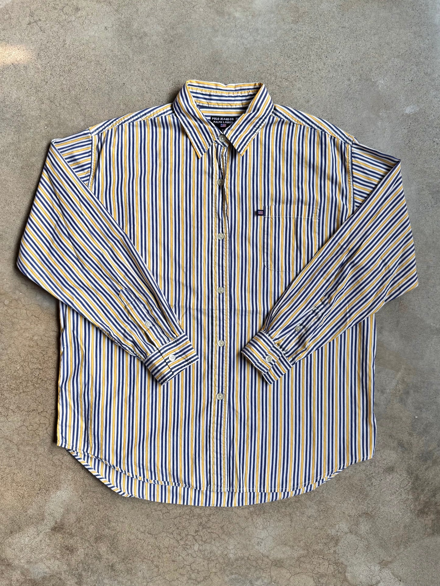 2000s Polo Jeans Co. Blue & Yellow Striped Button-Up Shirt | XL