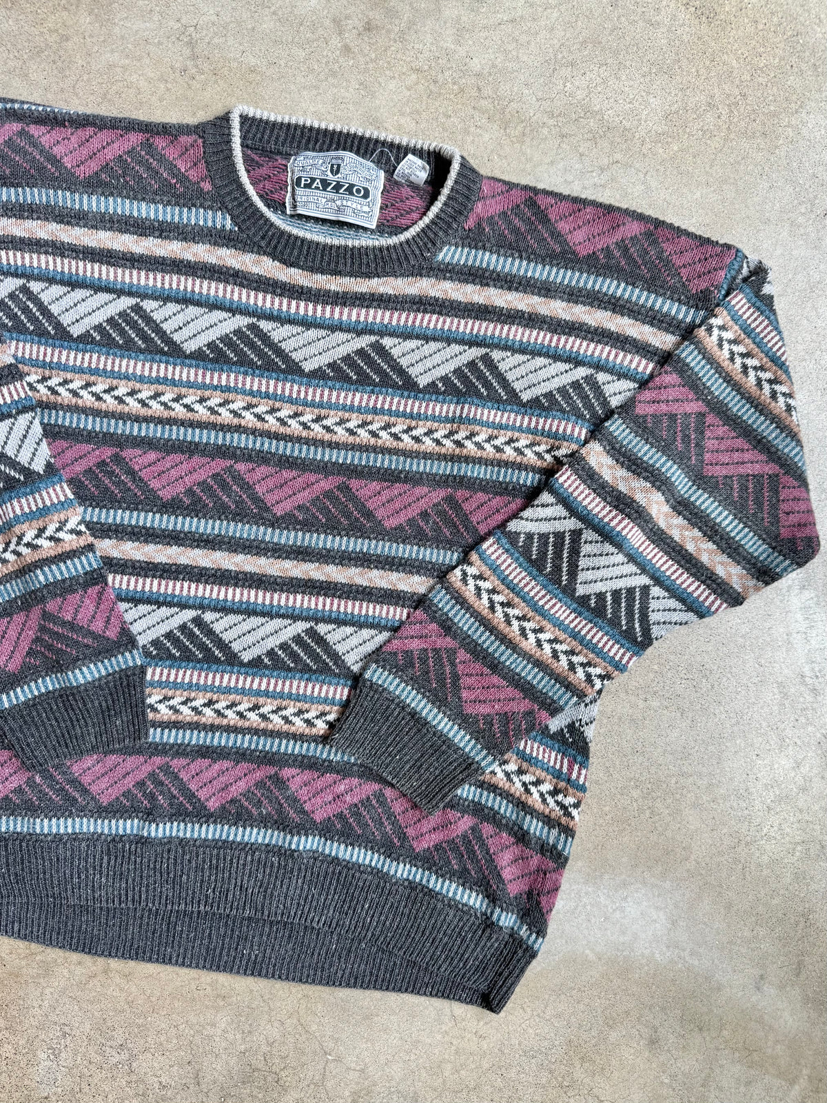 Vintage 1980s/90s Pazzo Geometric Striped Crewneck Sweater | Large