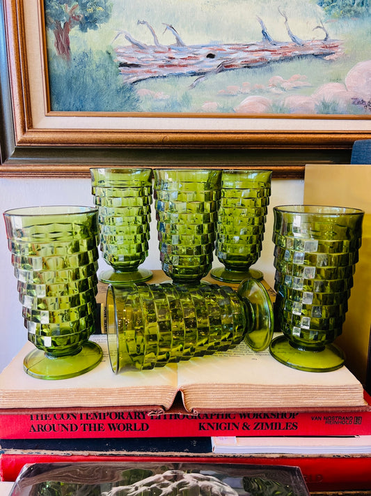 Vintage 1960s Fostoria Green Cubist Footed Glasses | Set of 6