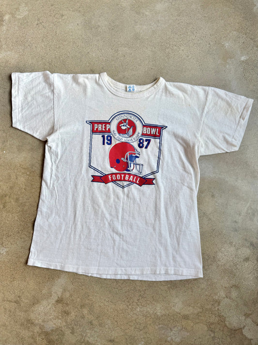 Vintage 1980s Champion Minnesota State High School League Prep Bowl White Cotton Tee | XL