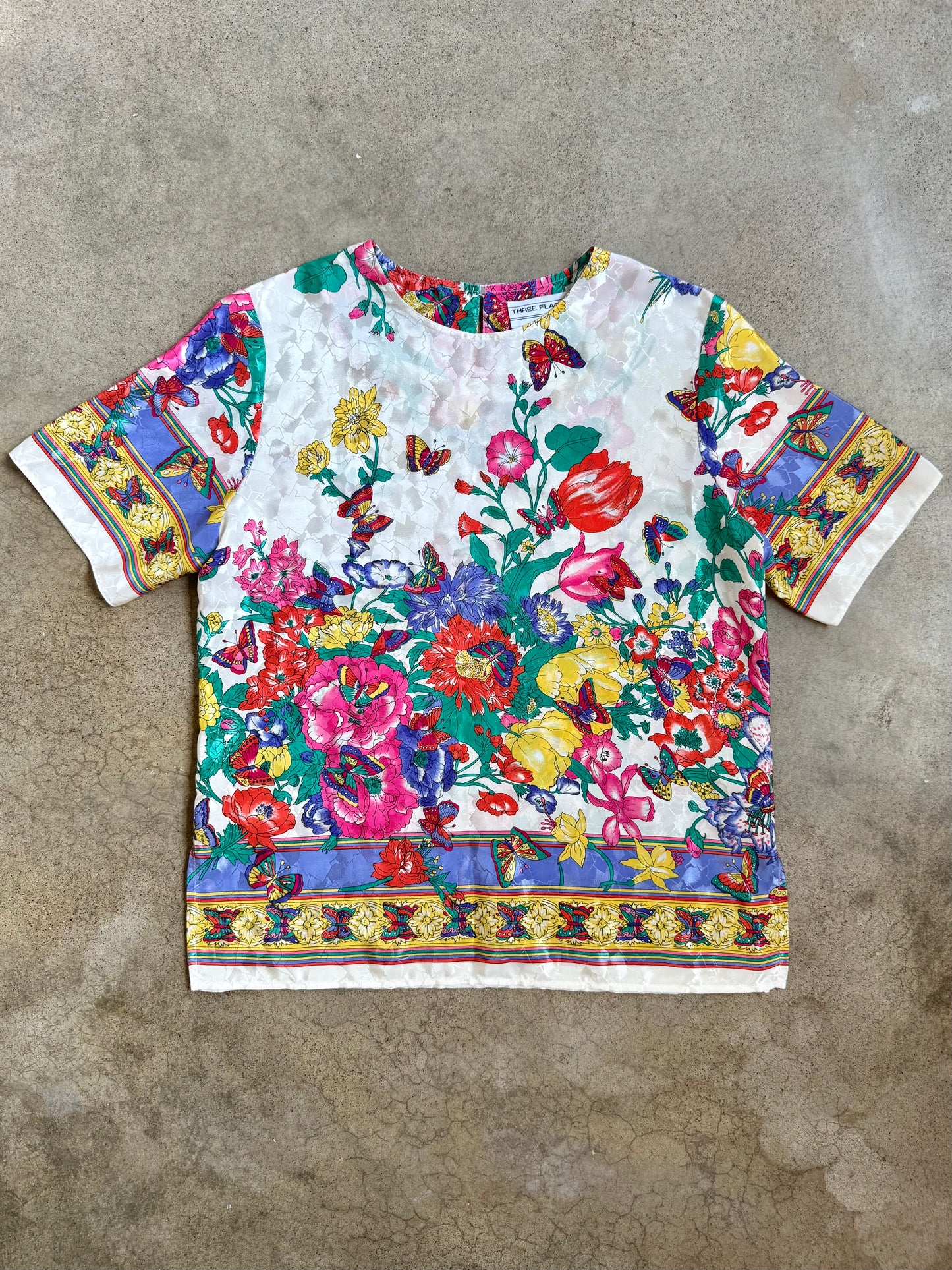 Vintage 1980s Three Flaggs California Floral Butterfly Print Satin Blouse | Medium
