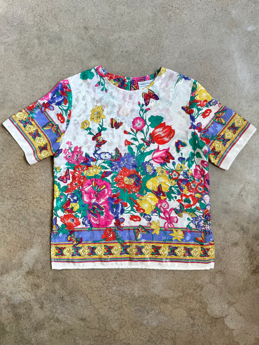 Vintage 1980s Three Flaggs California Floral Butterfly Print Satin Blouse | Medium