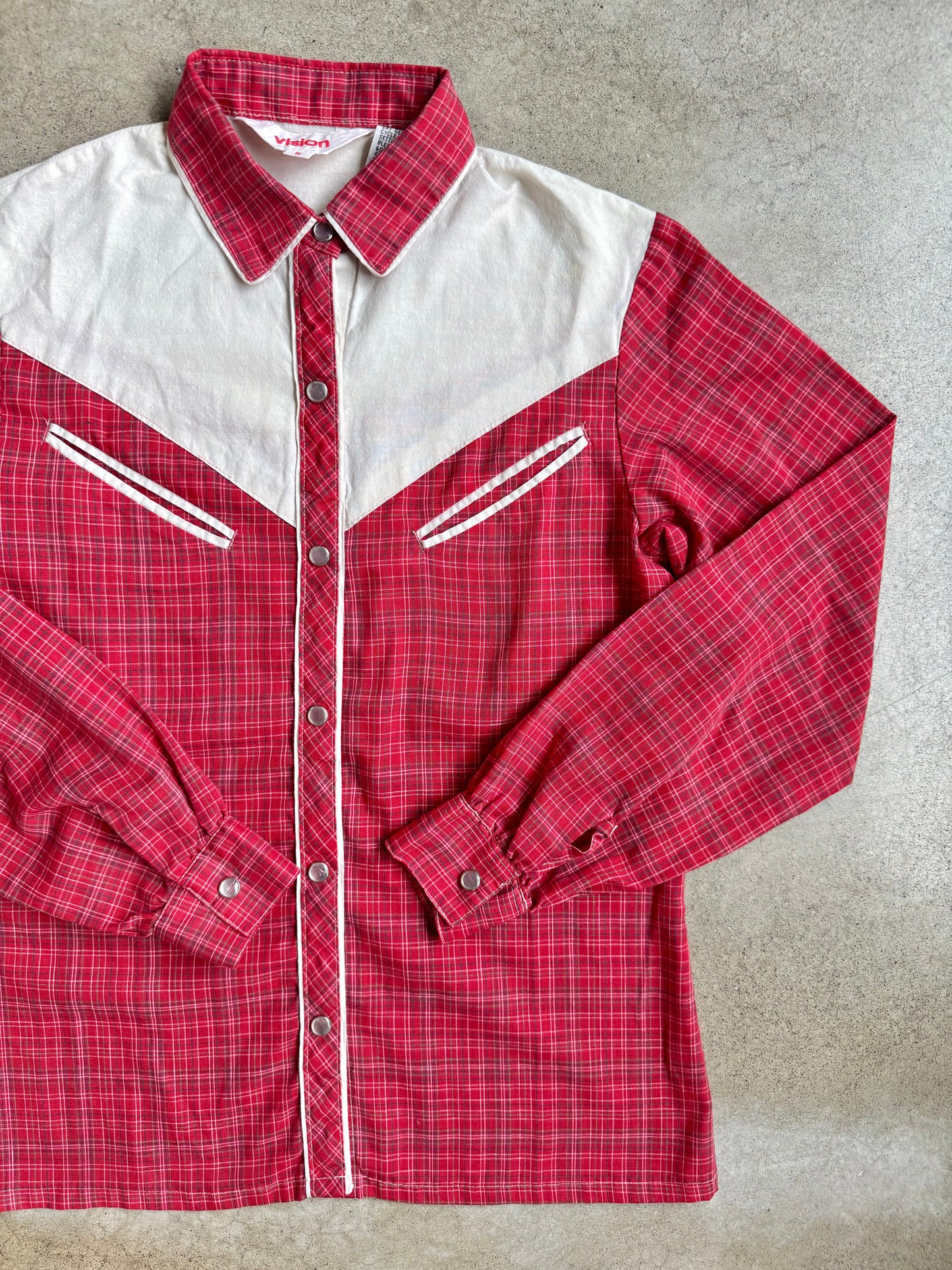 Vintage 1970s Vision Cream & Red Plaid Western Pearl Snap Shirt | Small