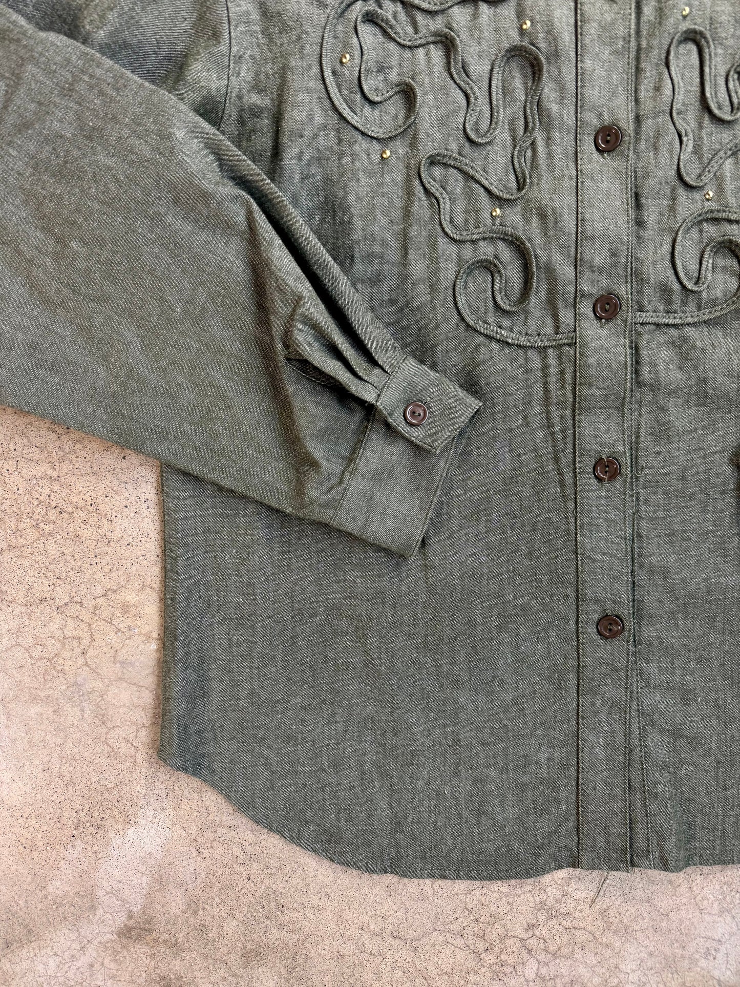 Vintage 1980s Starfire Green Embroidered Western Shirt | Large