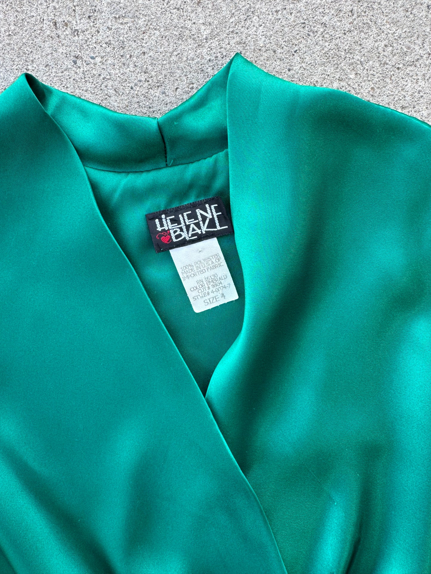 Vintage 1990s Helene Blake Emerald Green Satin Party Dress | Small