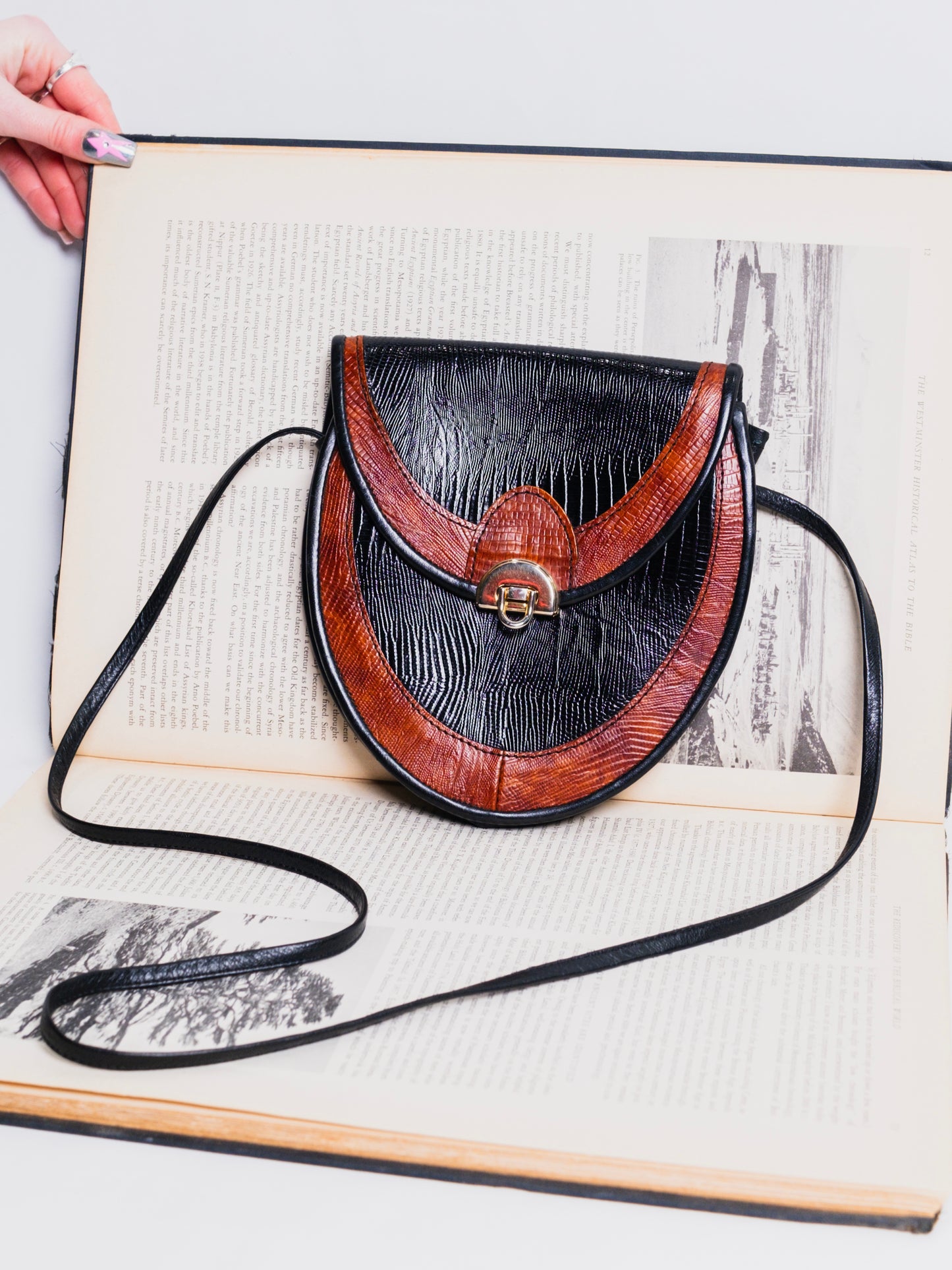 Vintage 1980s Black & Brown Embossed Leather Teardrop Crossbody Bag