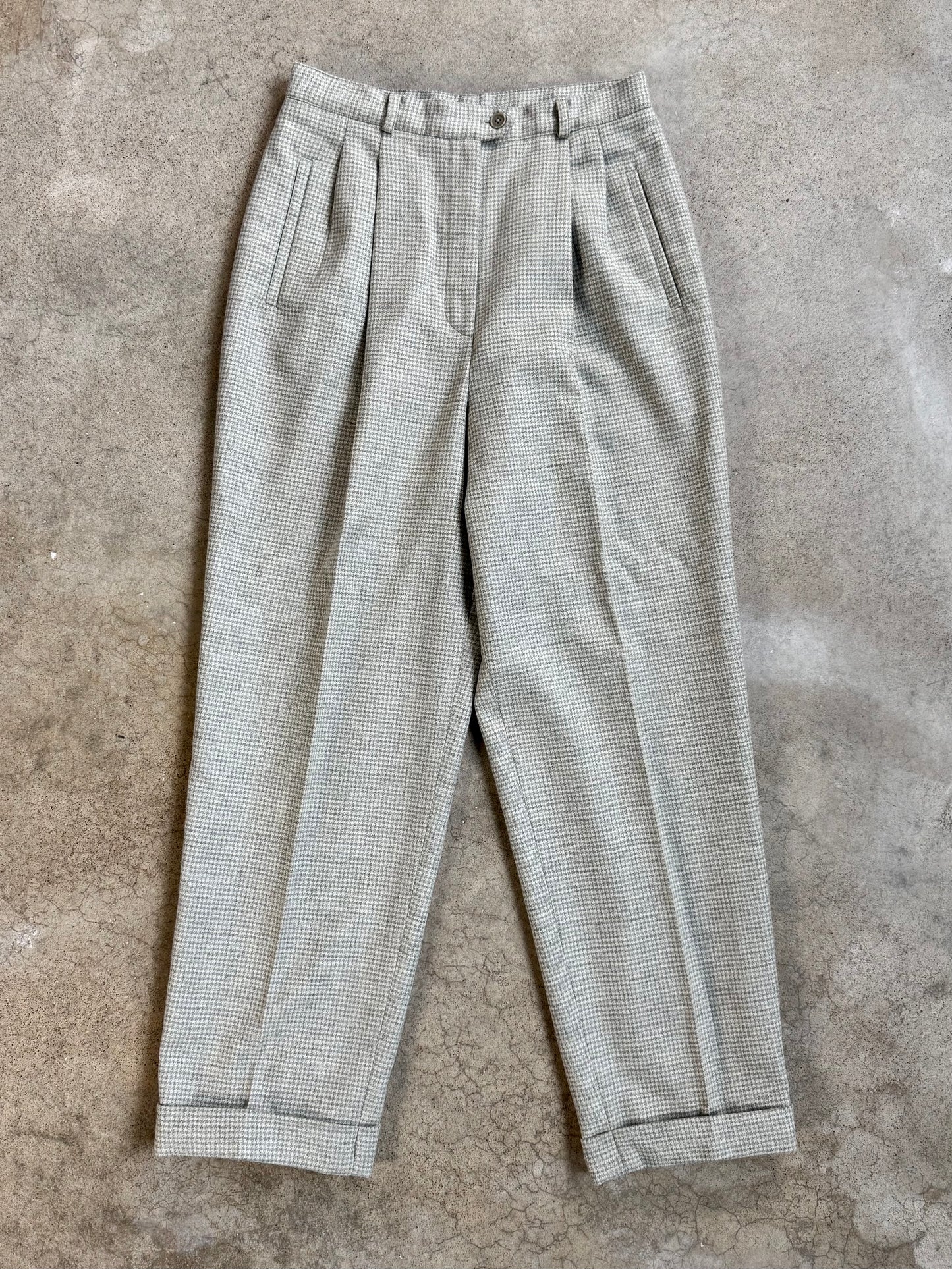 Vintage 1990s Lauren Ralph Lauren Grey Houndstooth Wool Pleated Trousers | Waist 27”