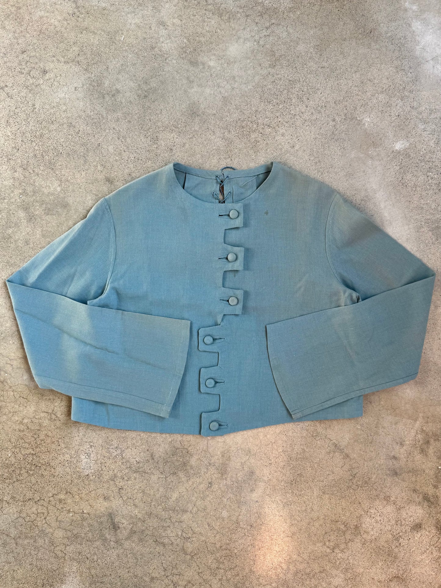 Vintage 1930s Handmade Blue Wool-Blend Zig-Zag Button Long Sleeve Top | S/M