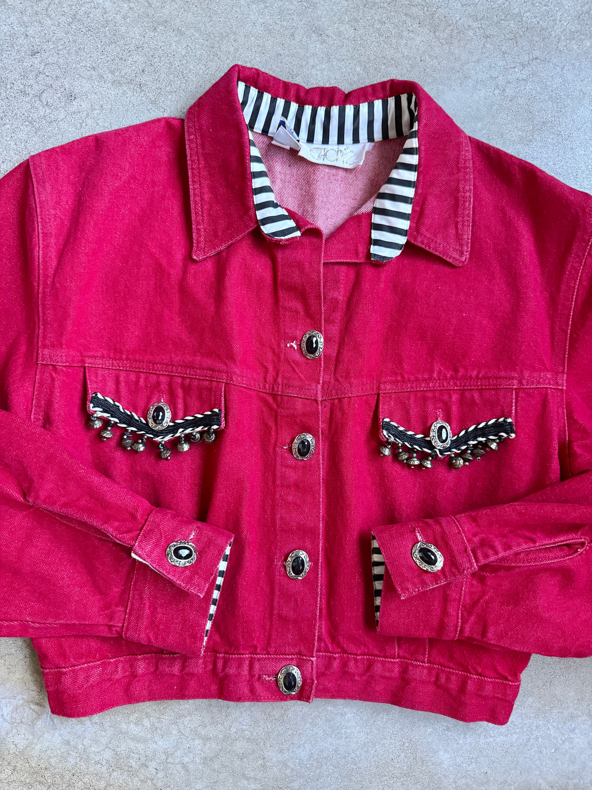 Vintage 1980s Caché Beaded Red Cropped Denim Jacket | Medium