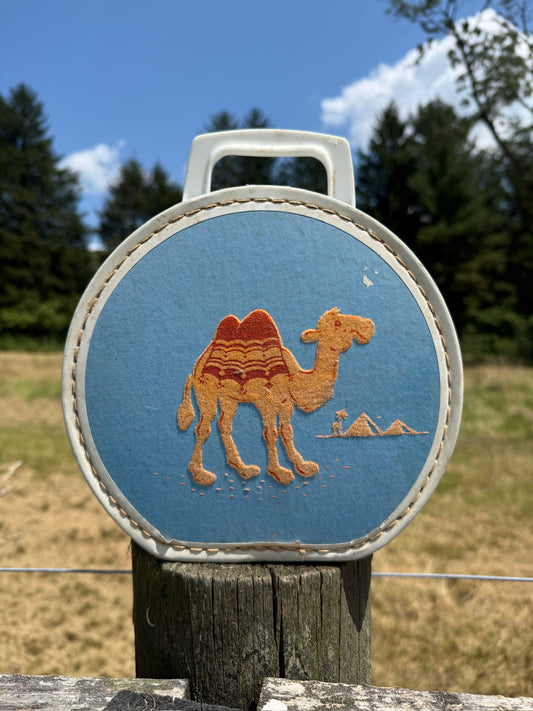 Vintage 1950s Felt Camel Patch Blue Top Handle Box Purse