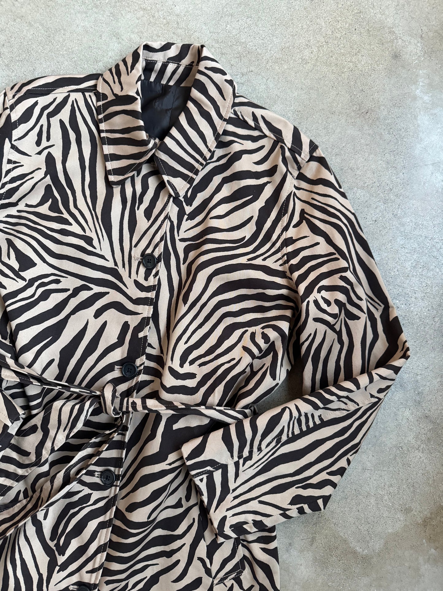 Vintage 1990s Brown Zebra Print Short Trench Coat | Medium