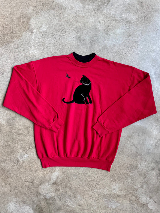 Vintage 1980s Top Stitch Black Cat Red Crewneck Sweatshirt | XL