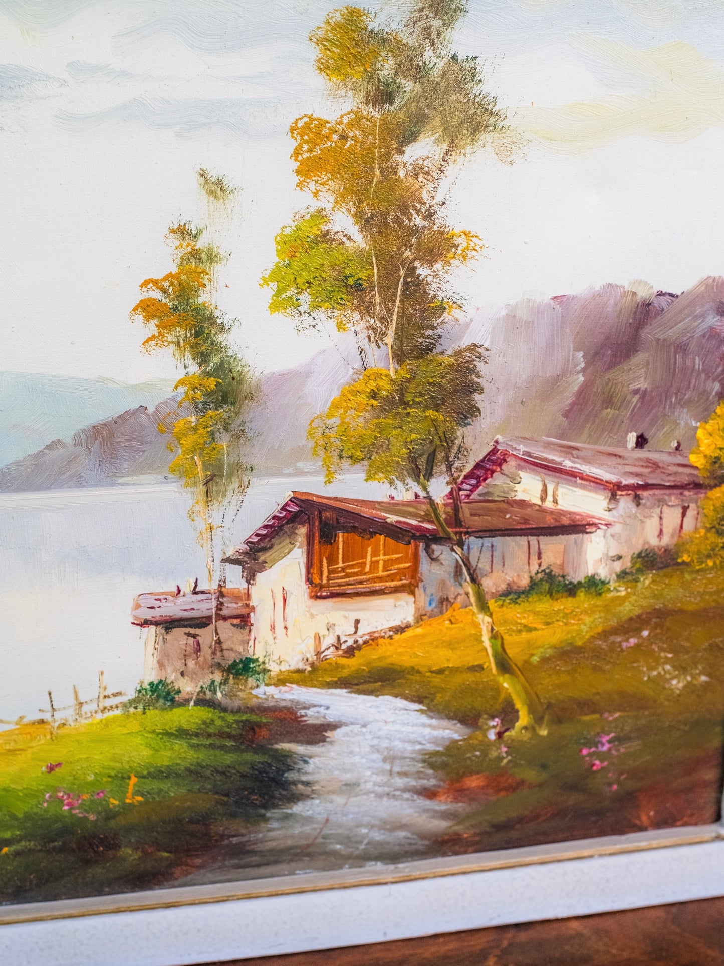 Vintage Framed "House on the Lake" Oil on Canvas Painting | Signed