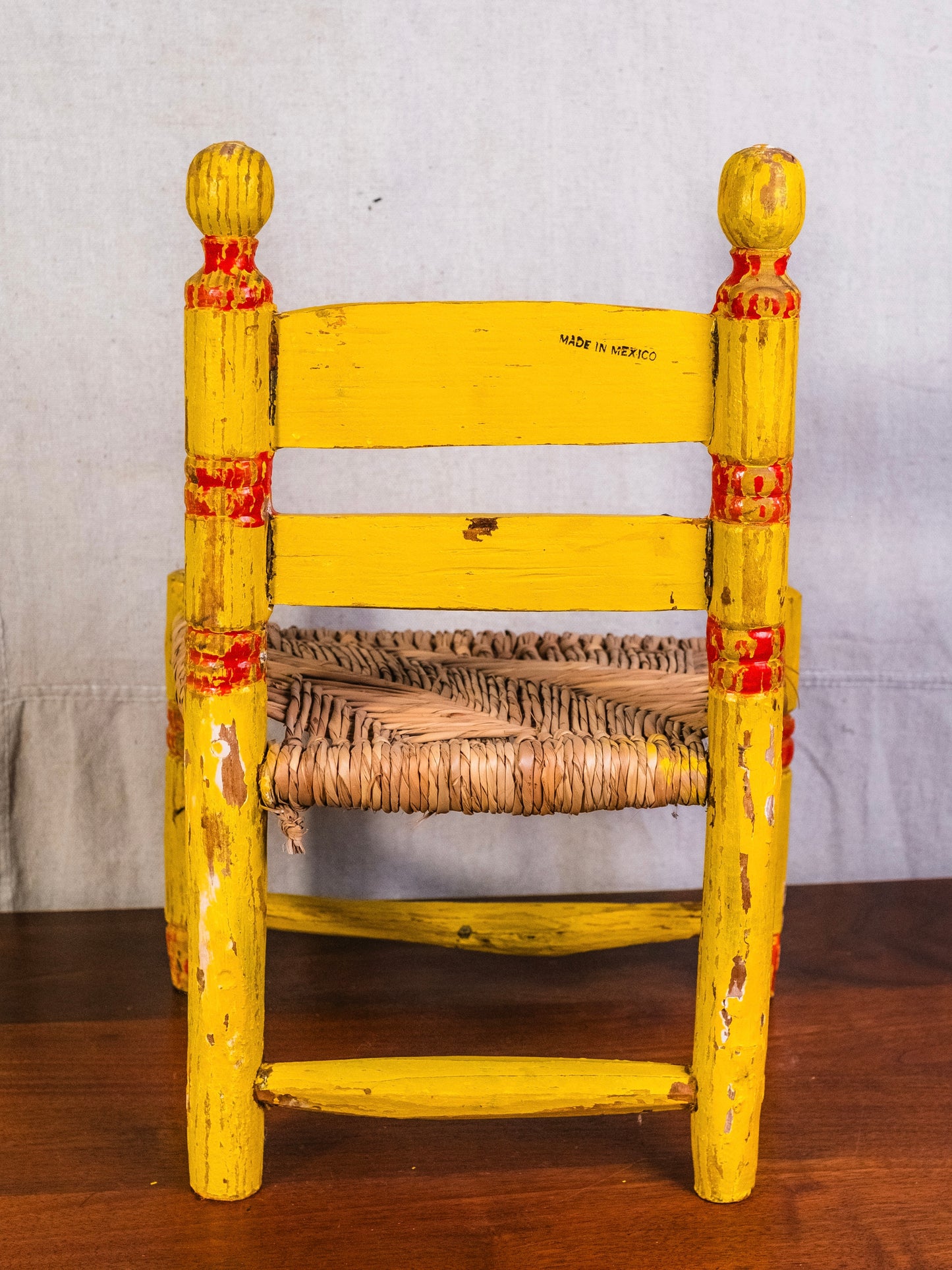 Vintage Mexican Folk Art Yellow Floral Painted Straw Woven Children's Chair