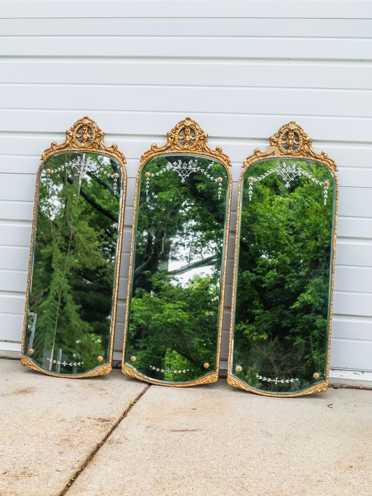 Antique 1920s Nurre Maestro Baroque-Style Gold Framed 3-Panel Mirror Set