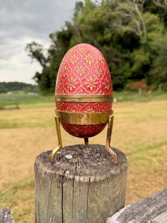 Vintage 1950s/60s Cloisonné Solid Brass Red Etched Egg Canister & Holder
