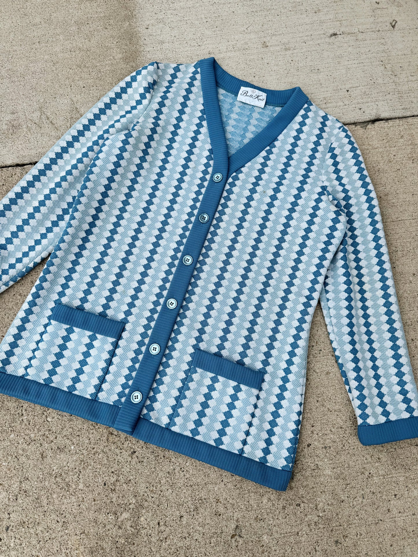 Vintage 1960s/70s Butte Knit Blue Diamond Patterned Cardigan | M/L