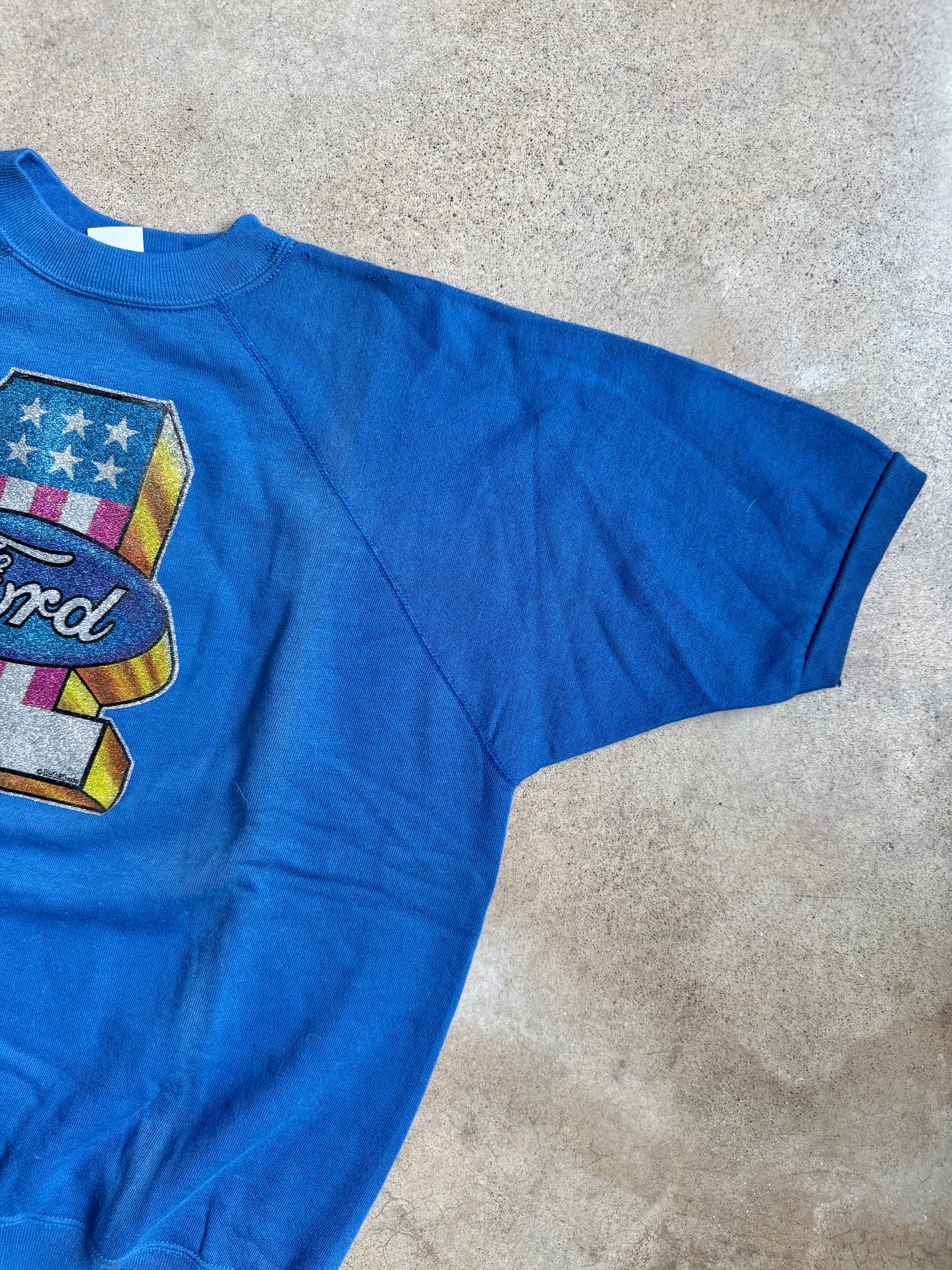 Vintage 1978 Ford Glitter Graphic Blue Short Sleeve Sweatshirt | XL