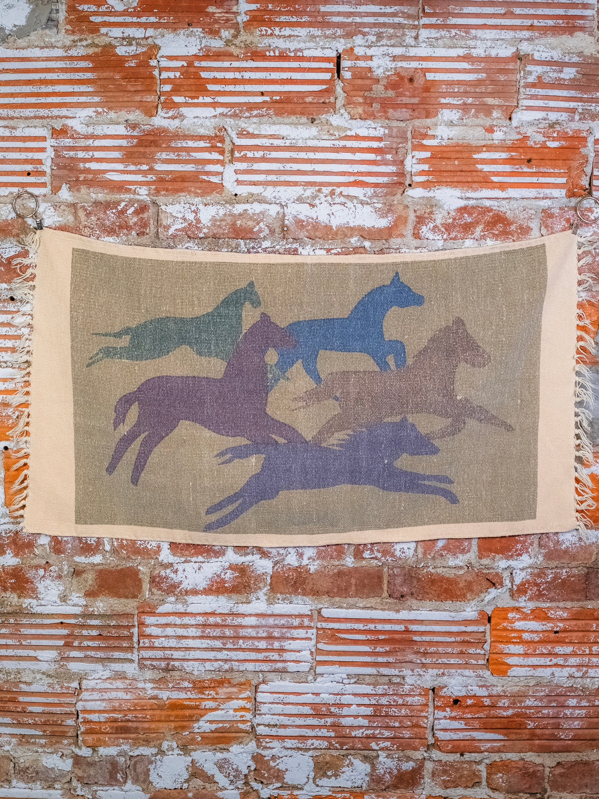 Vintage Southwestern “Running Horses” Fringed Tapestry/Door Mat