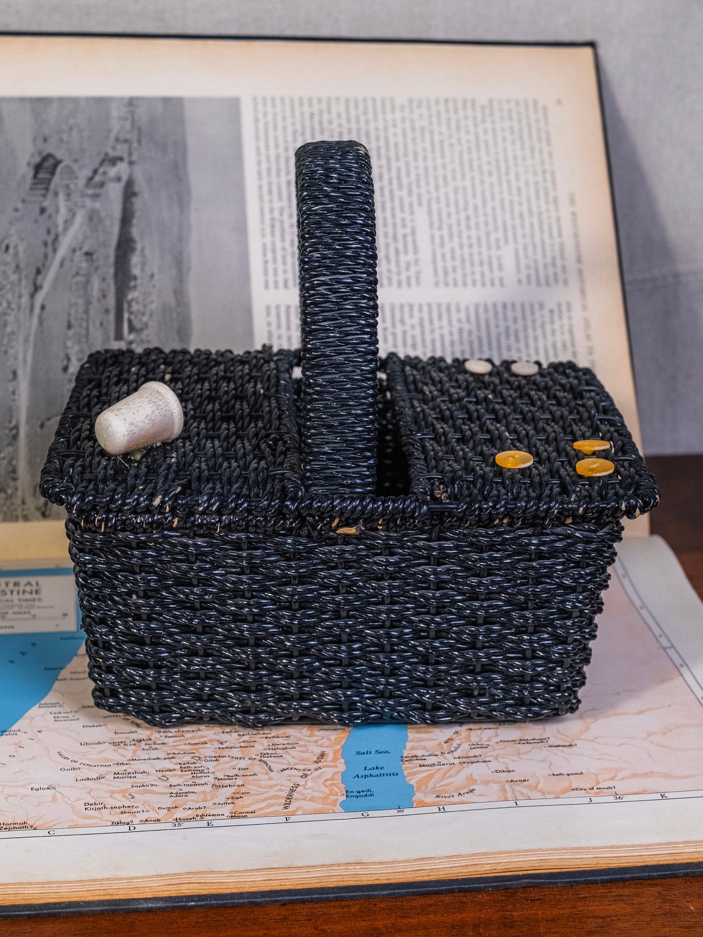 Vintage 1950s Black Woven Sewing Basket