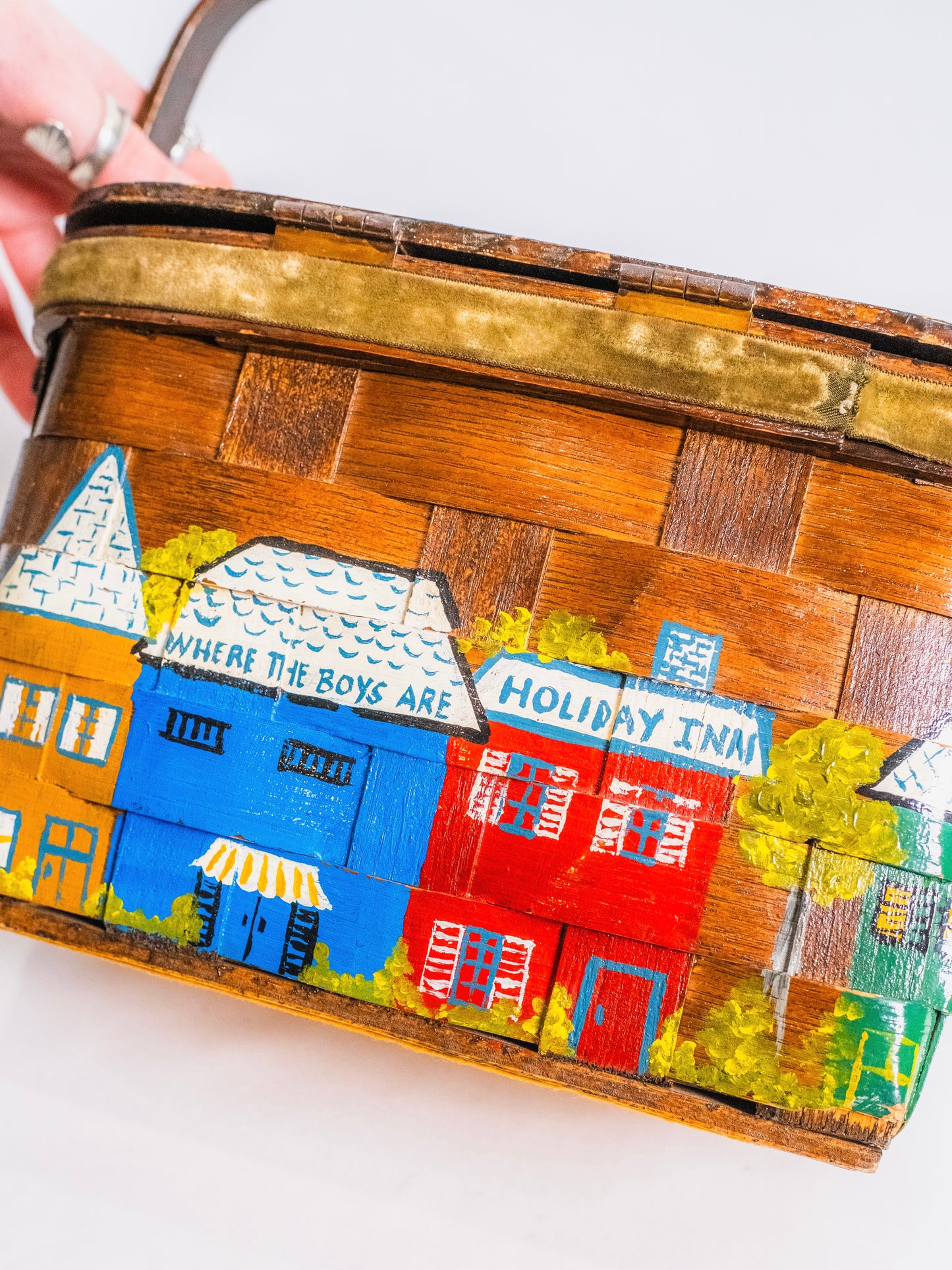 Vintage 1960s Woven Wood Hand-Painted "Newark City" Basket Purse