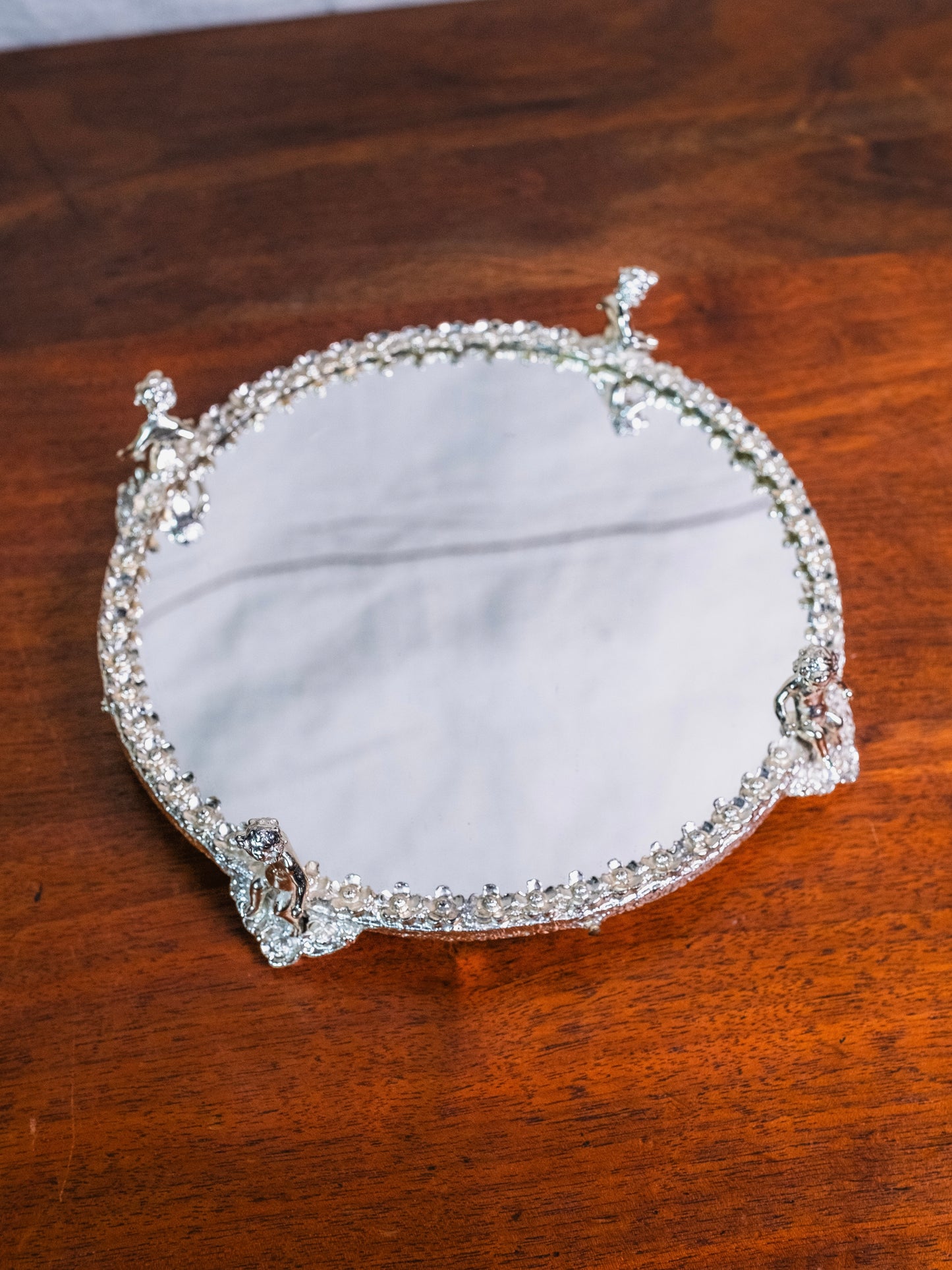 Vintage 1950s Silver Cherub Mirrored Vanity Tray