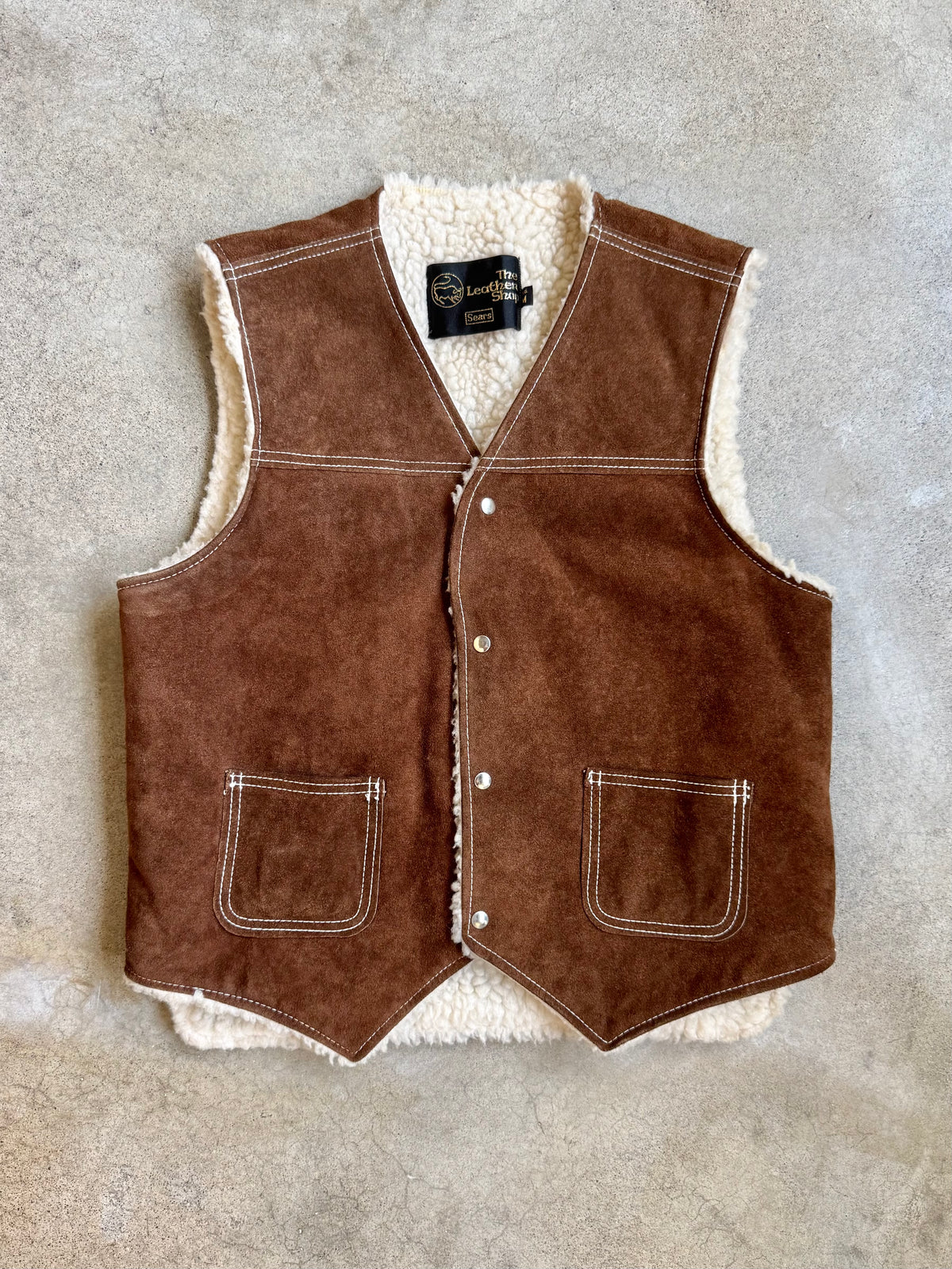 Vintage 1970s Sears “The Leather Shop” Brown Suede Sherpa Lined Vest | Medium