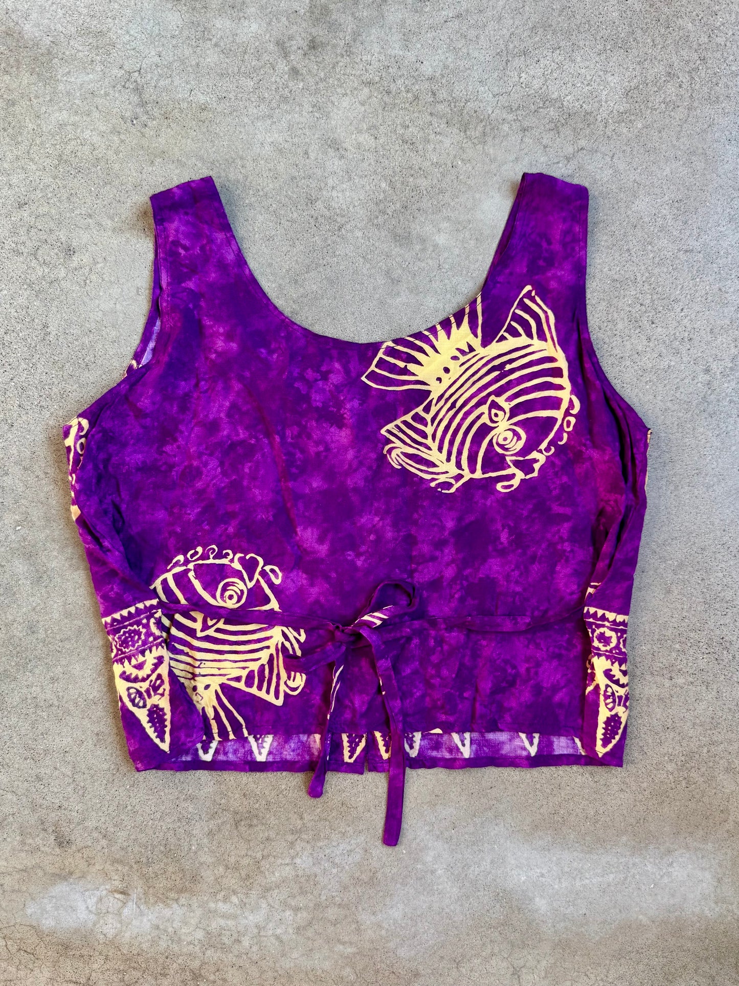 Vintage 1990s Purple Batik Fish Print Button-Front Cropped Tank Top | Medium